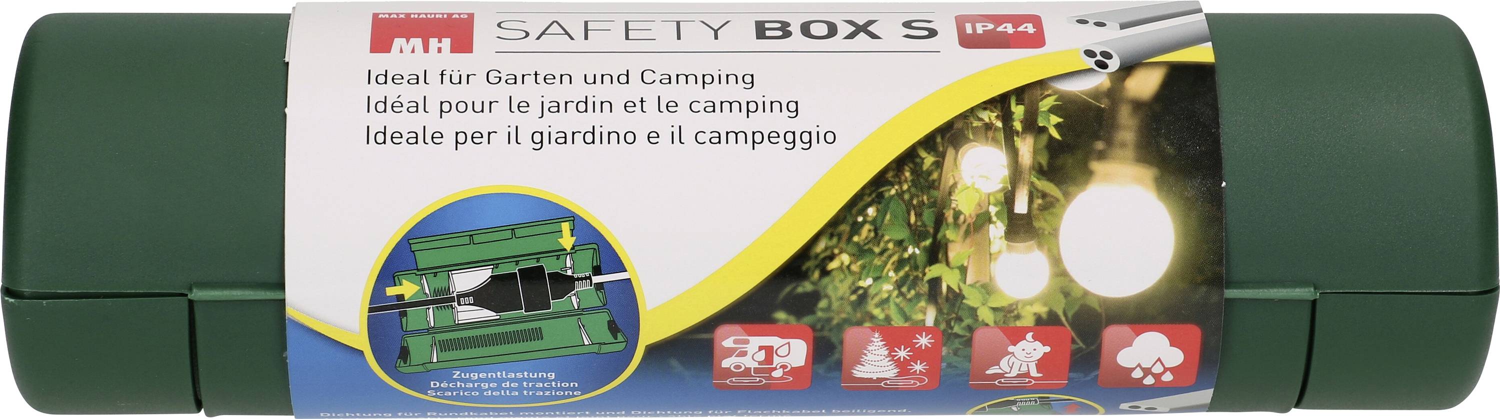 Une boîte de sécurité verte avec un autocollant la décrivant comme idéale pour le jardin et le camping. Des symboles indiquent une protection contre la pluie et les éclaboussures.