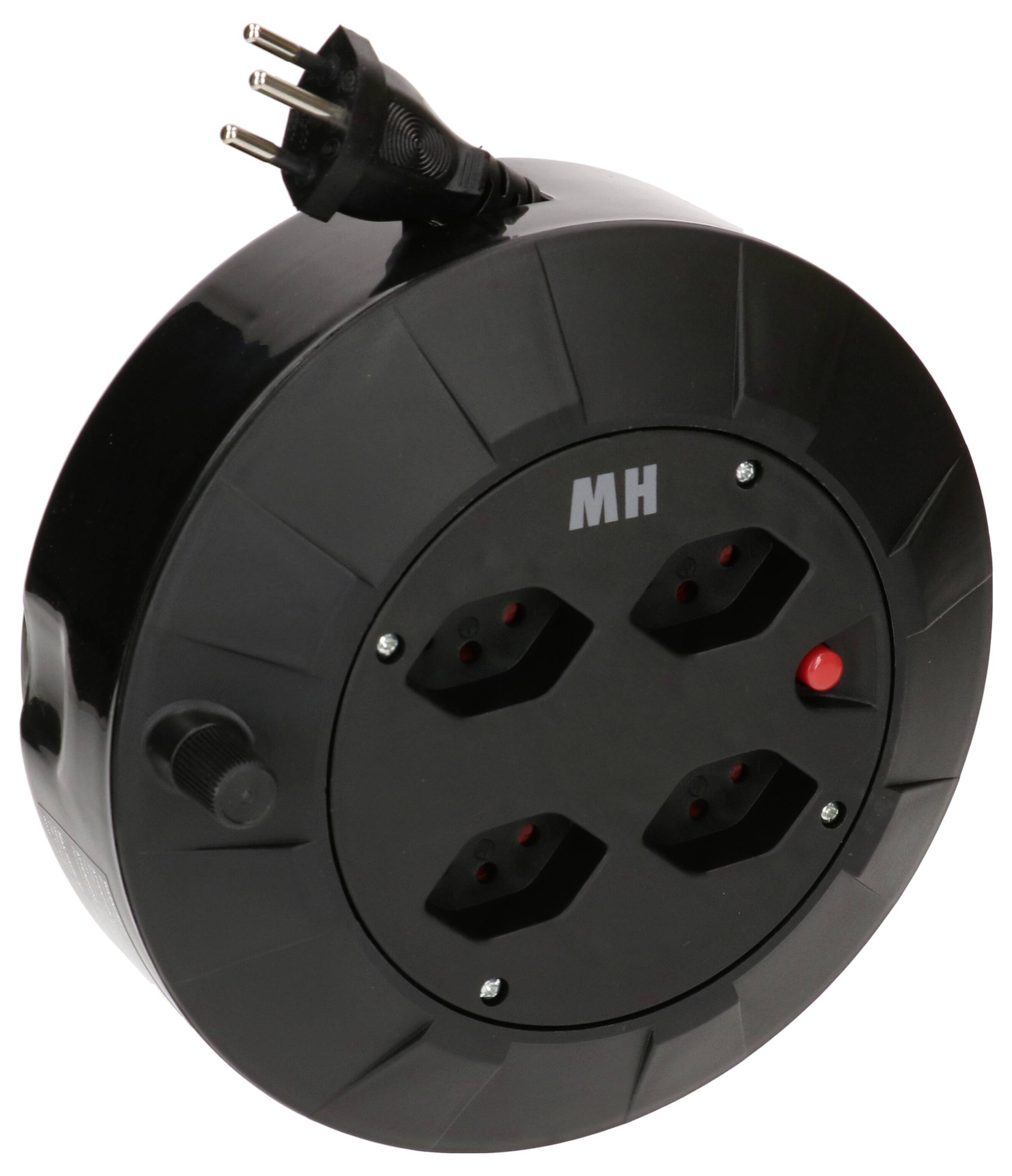 Une bobine de câble ronde et noire avec quatre prises électriques et un câble branché avec une fiche.