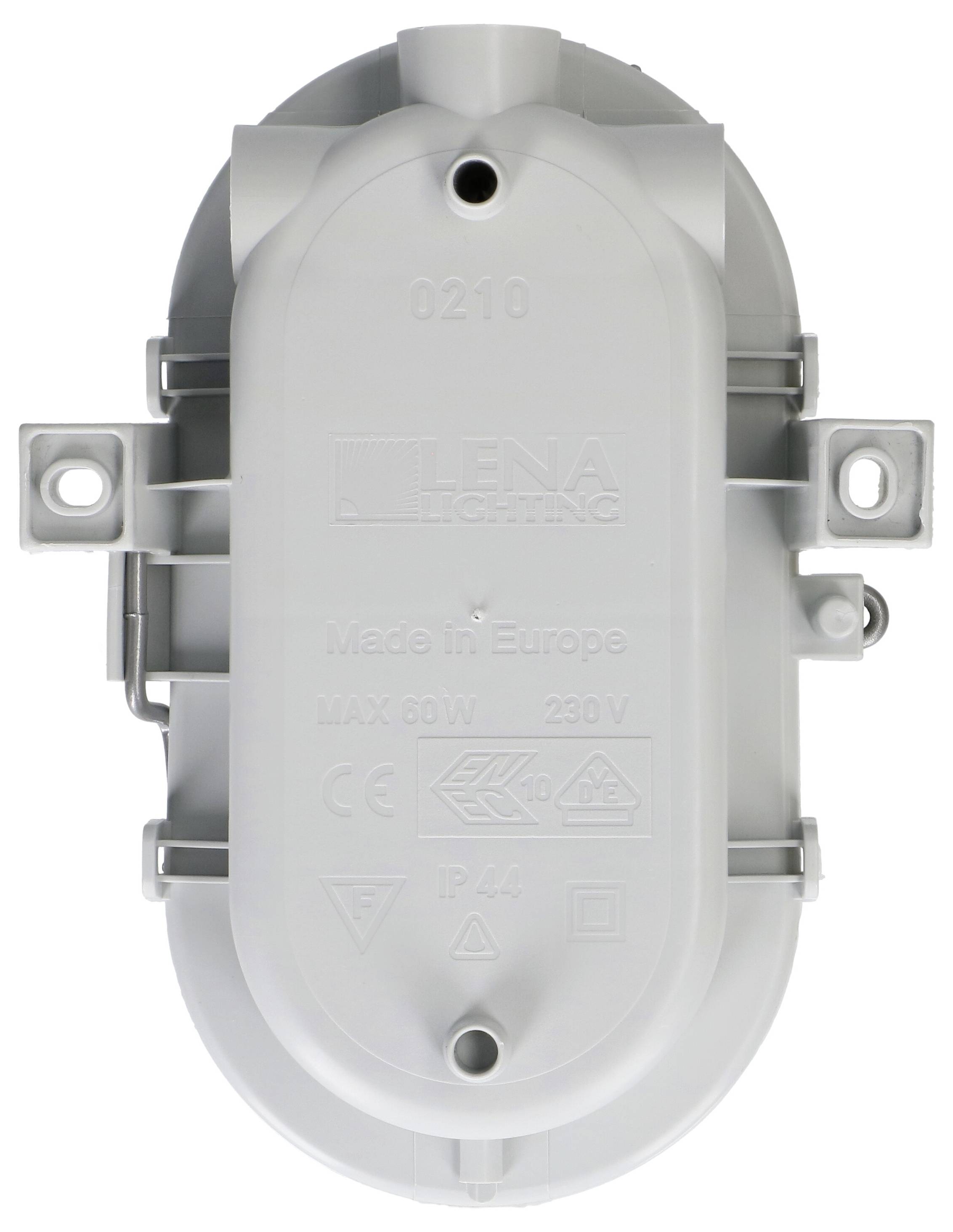 Un couvercle de lampe gris portant l'inscription 'Lena Lighting'. Indications : 'Max 60W, 230V, Made in Europe'. Quelques symboles en dessous.