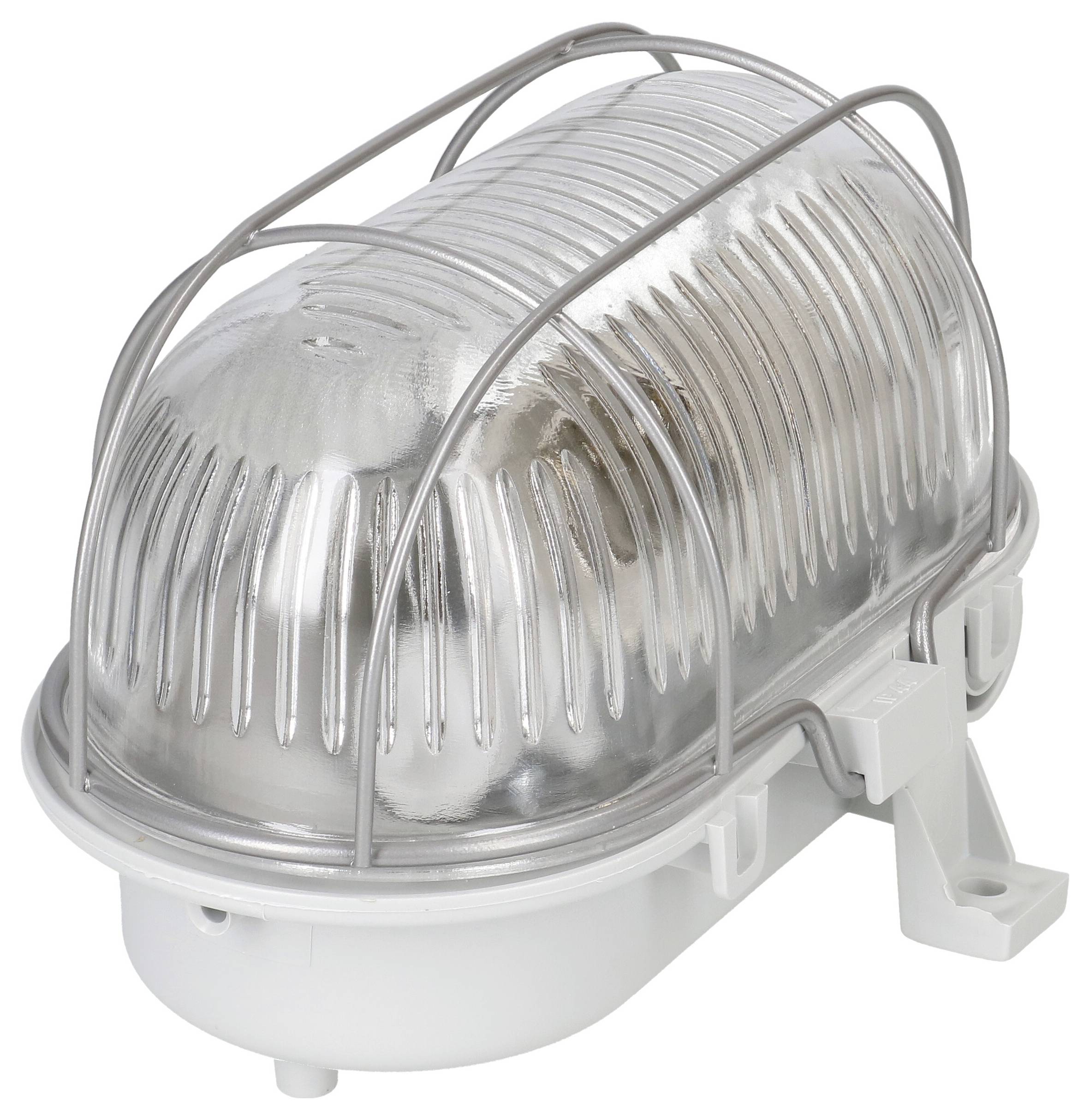 Lampe de sécurité avec grille métallique, ovale, pour montage mural ou plafond, adaptée à l'éclairage industriel ou commercial.
