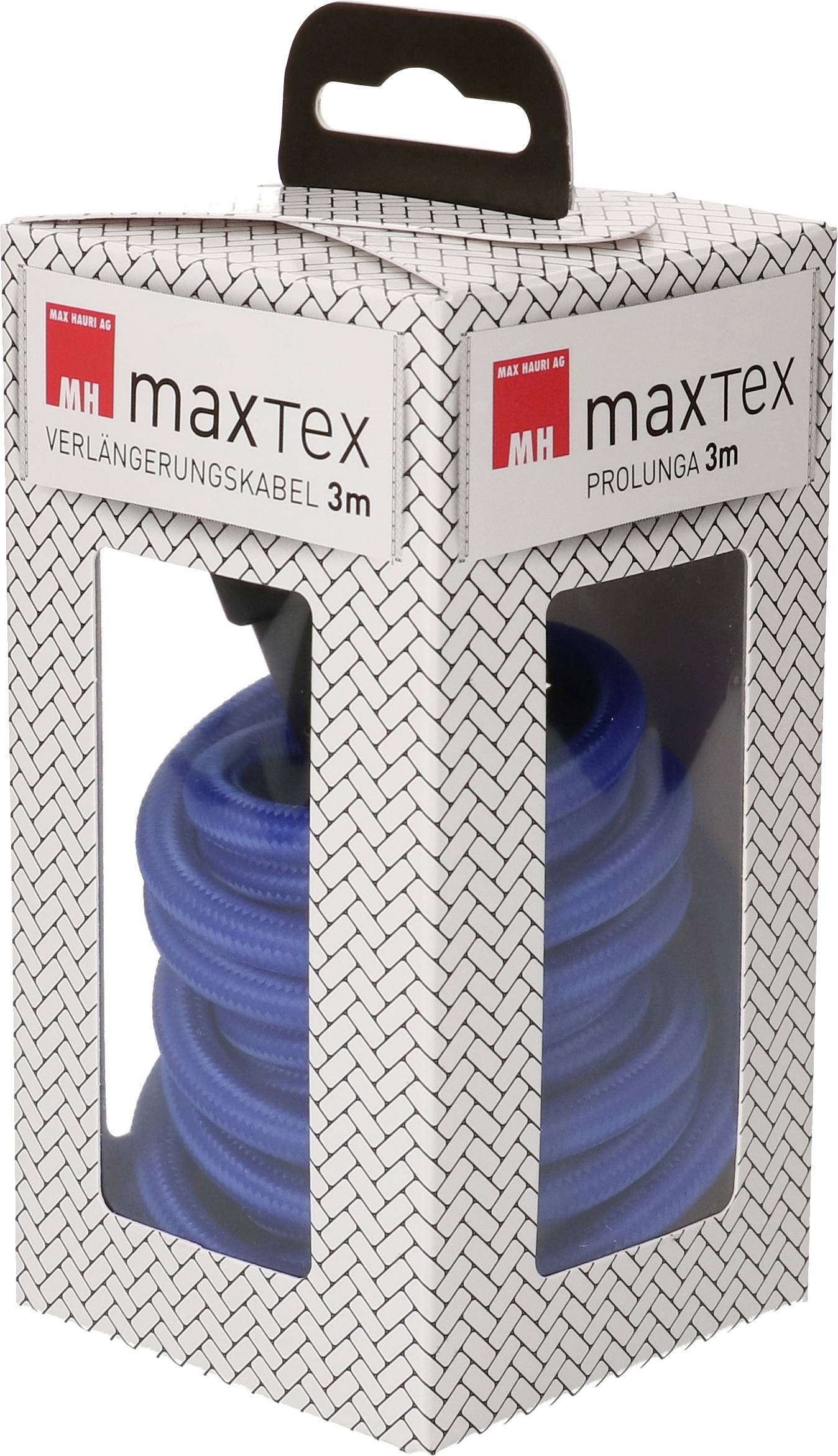 Emballage d'une rallonge électrique bleue de 3 mètres de la marque 'maxTex'.