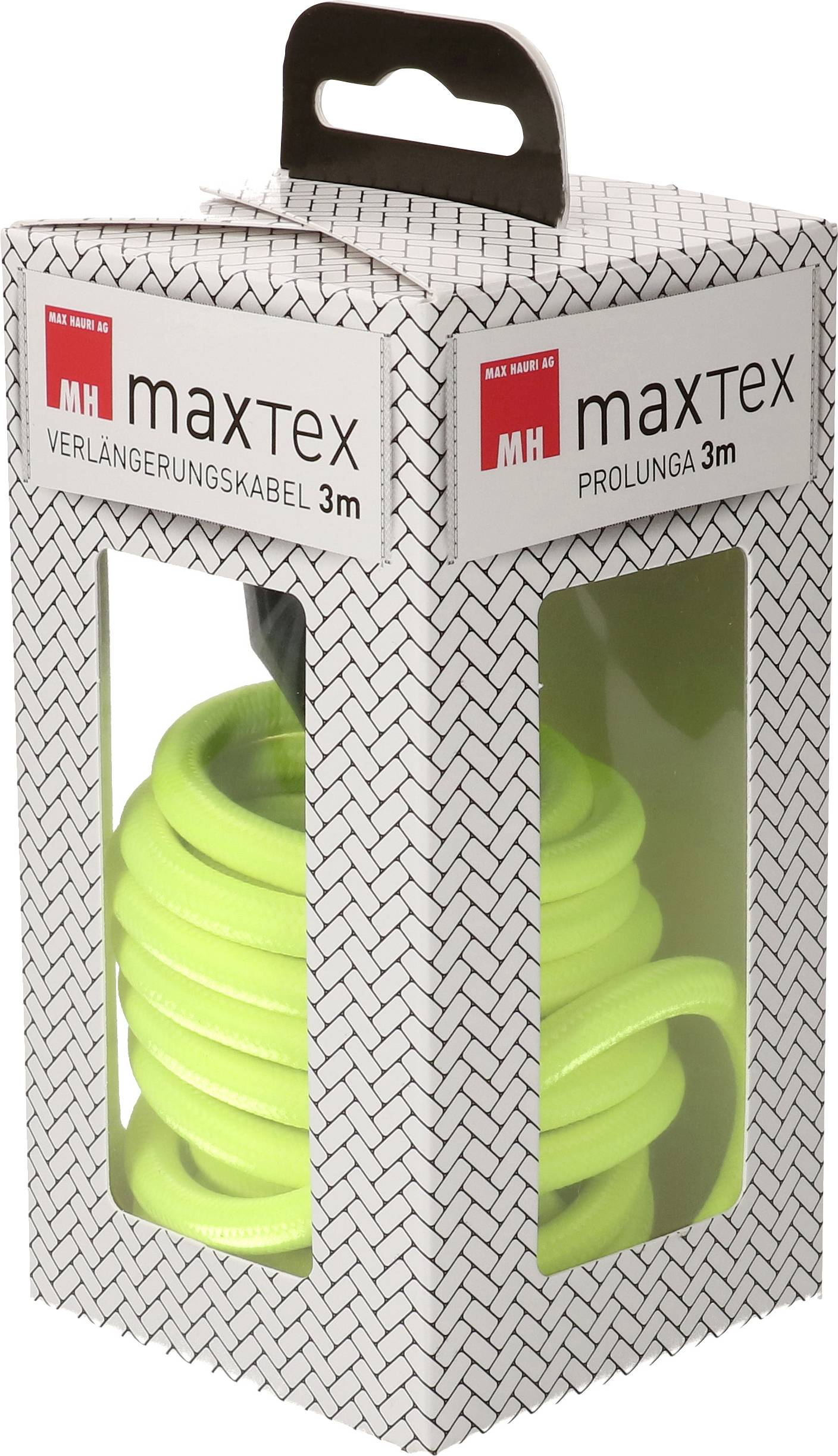 Emballage d'un câble d'extension 'maxTex' de 3 mètres de long en vert vif.