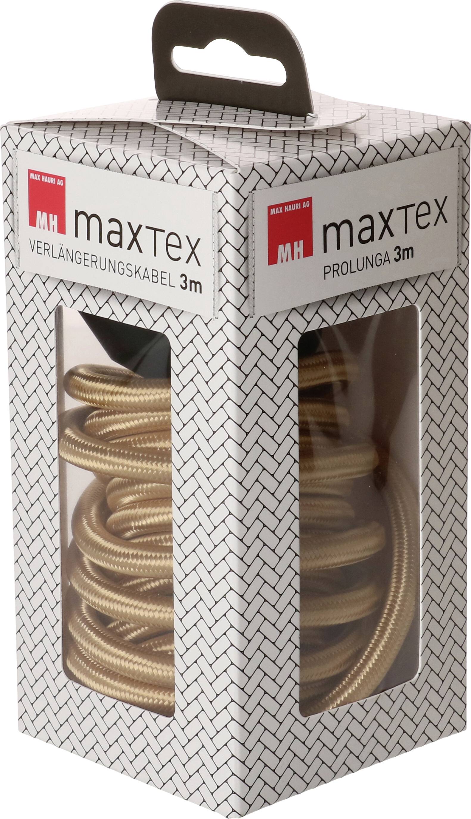 Emballage d'une rallonge 'maxTex', 3 mètres, de couleur dorée. Le boîtier présente une fenêtre transparente permettant de voir le câble.