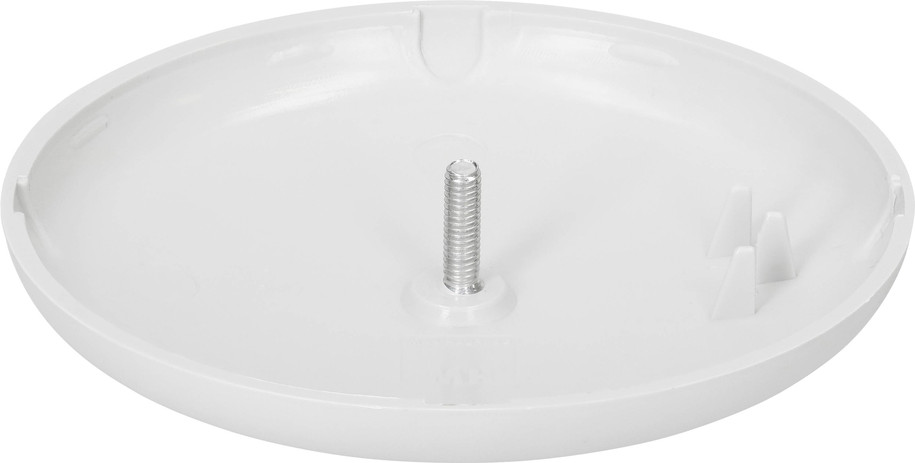 Un disque en plastique blanc et rond, doté d'un filetage métallique central, probablement un élément d'un kit de montage.