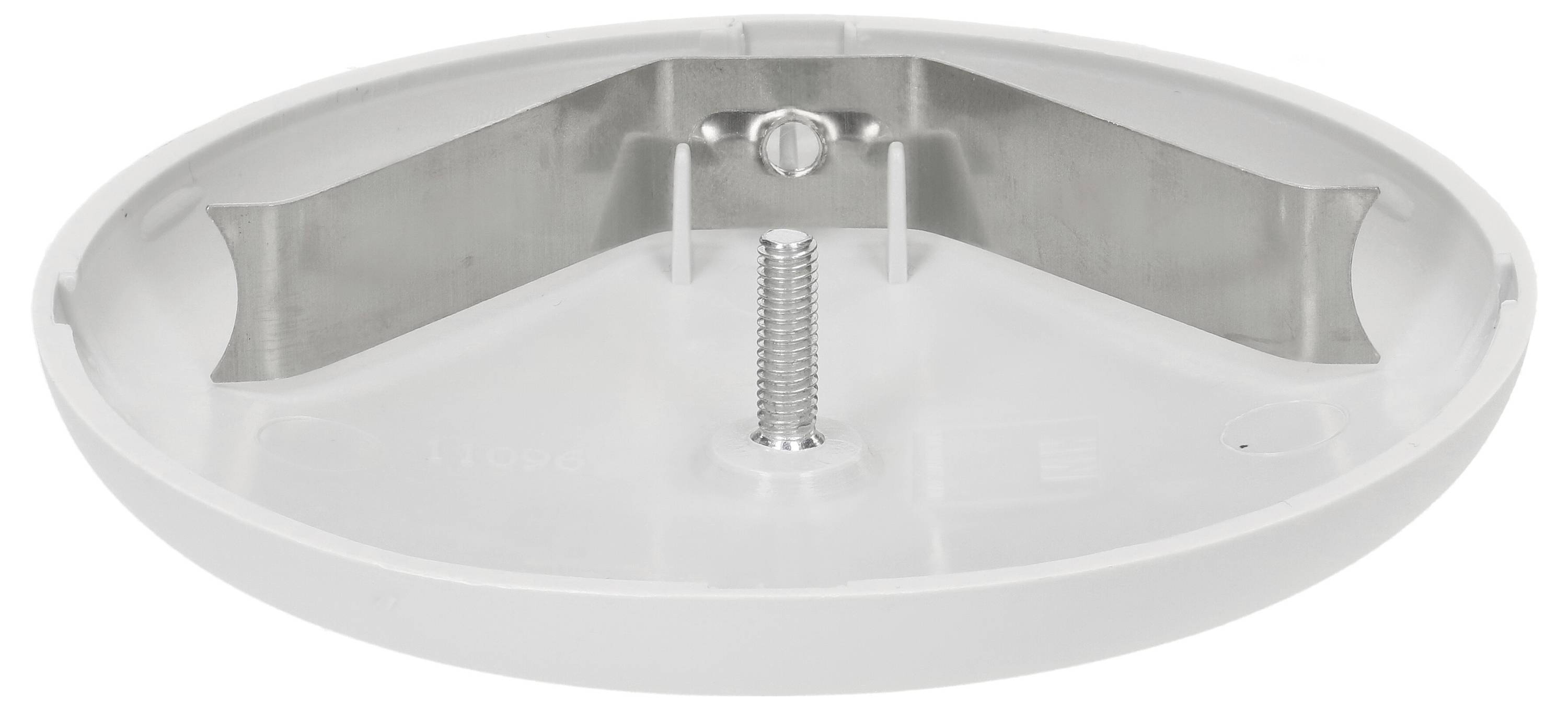 Un support circulaire blanc en plastique avec un filetage métallique central pour la fixation, probablement destiné aux luminaires ou aux caméras.