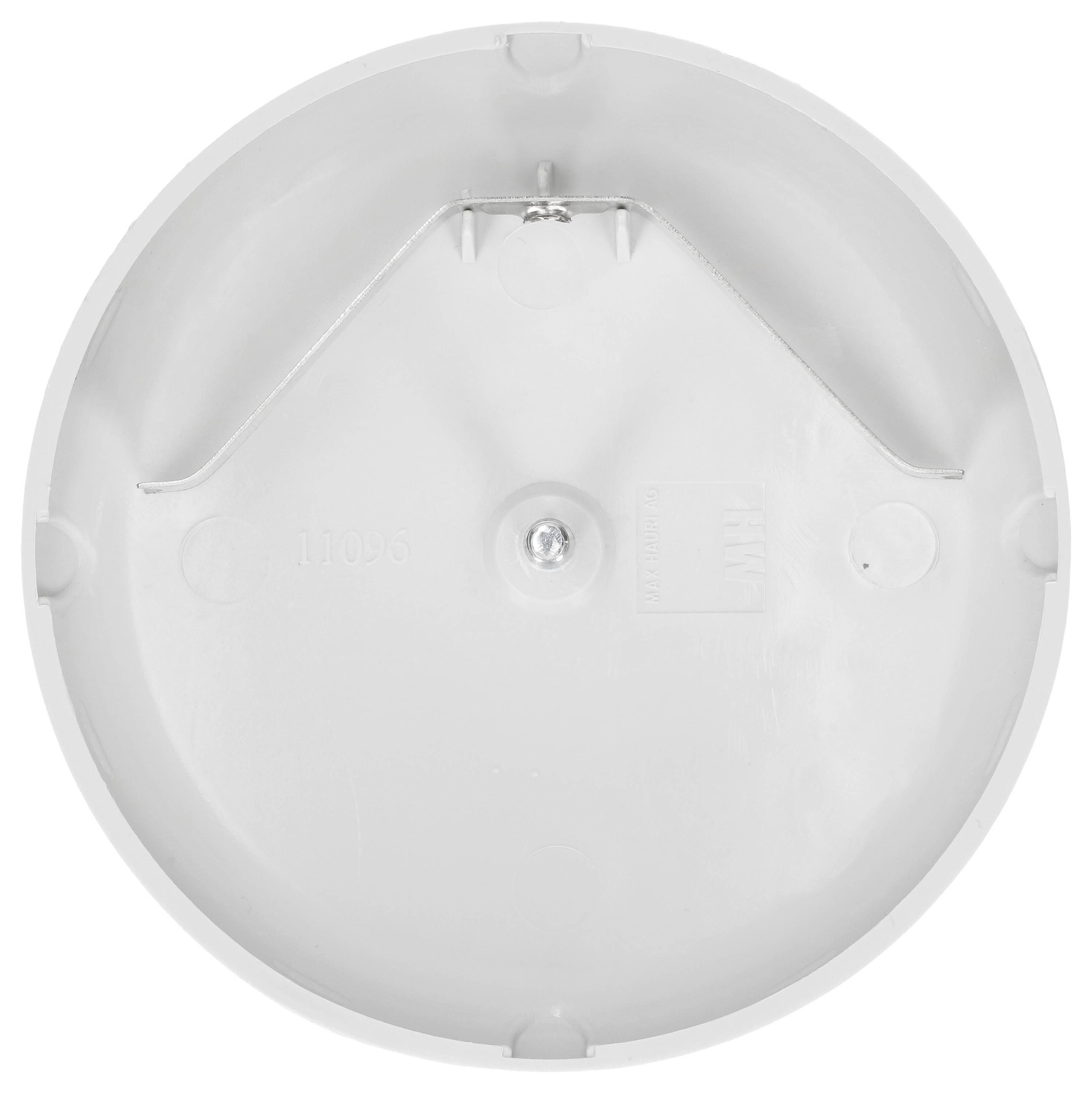 Plaque de montage ronde blanche avec un trou de fixation central et trois petites protubérances sur les bords, adaptée aux appareils électroniques.