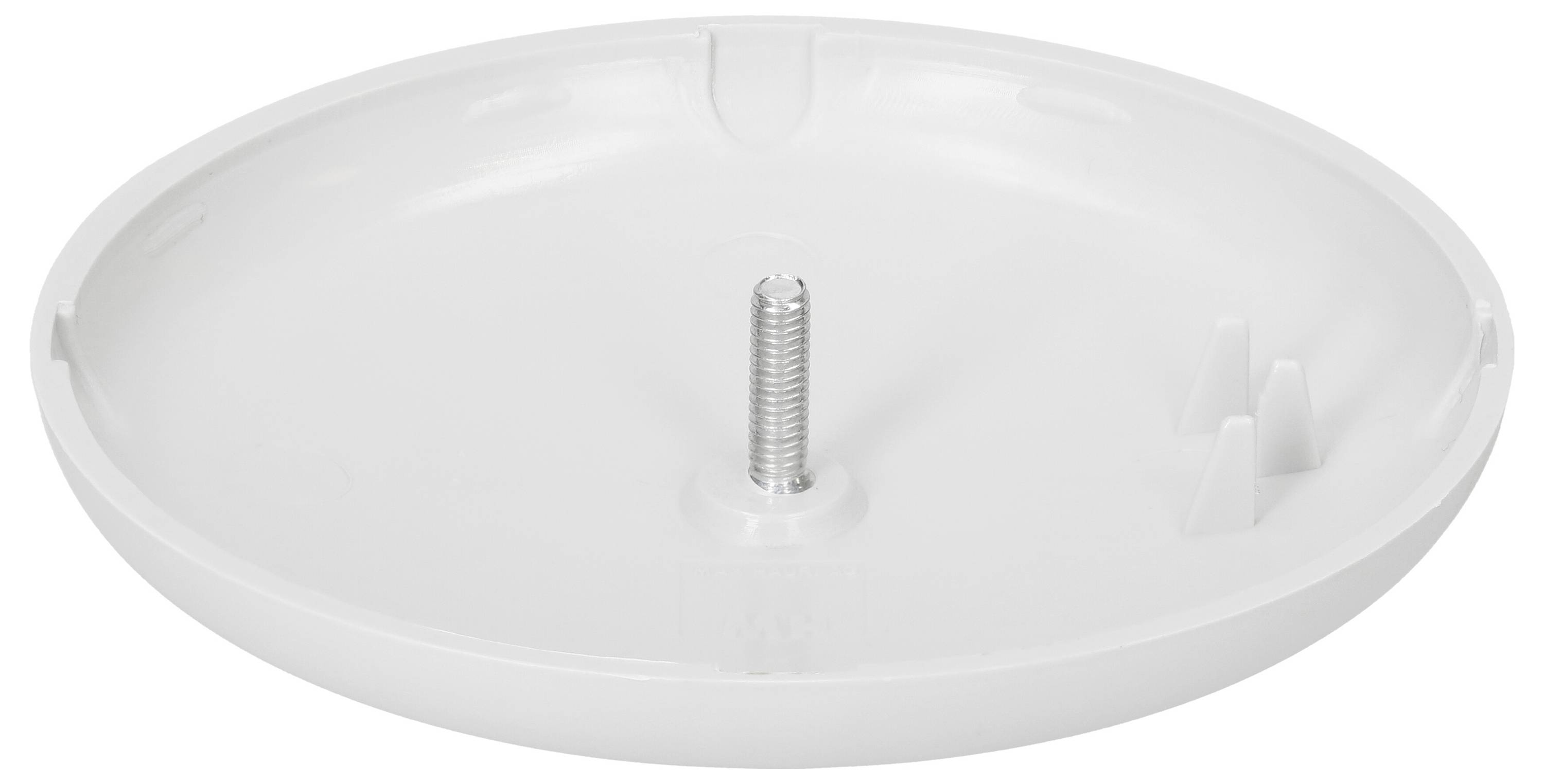 Base en plastique blanc rond avec une tige métallique centrale, probablement destinée à la fixation ou au montage.
