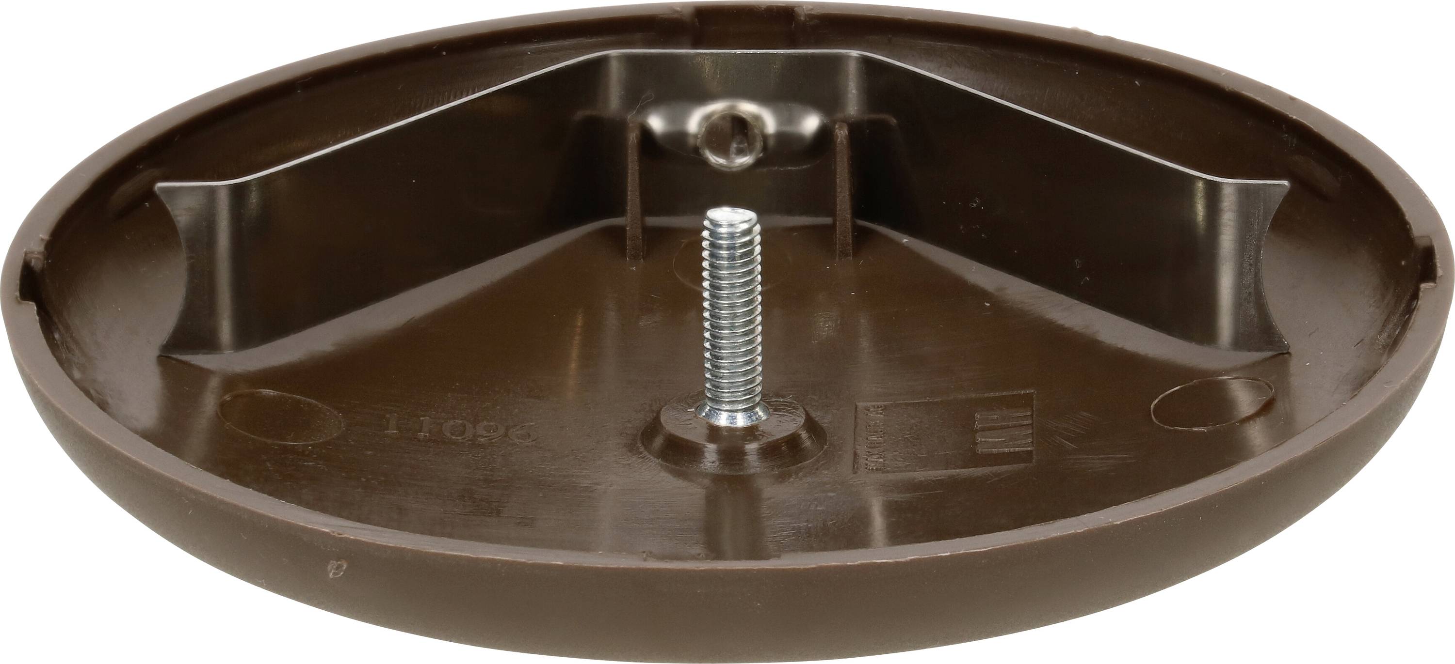 Support de lampe rond et brun avec une tige métallique en son centre, probablement conçu pour fixer un luminaire au plafond.