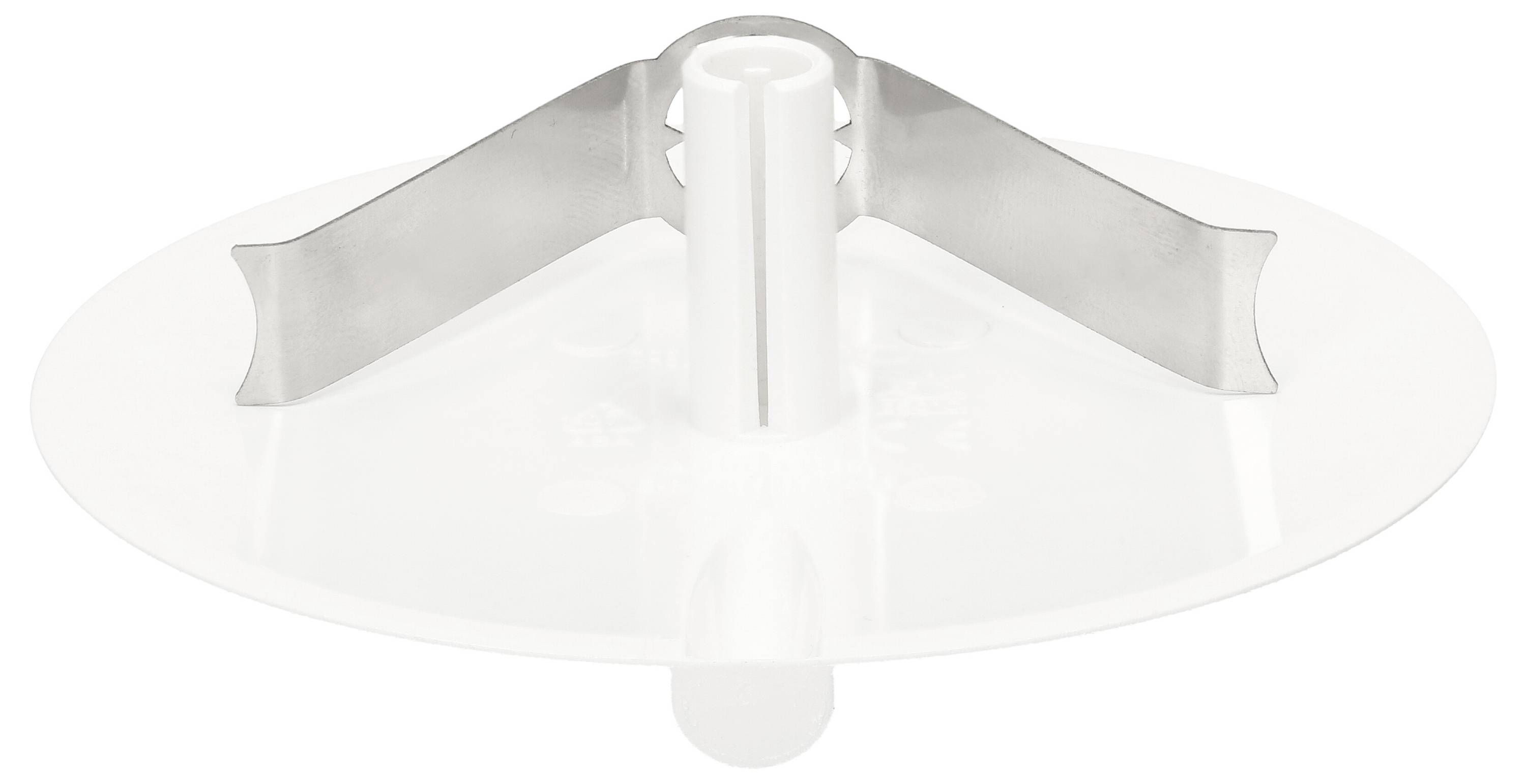 Un disque en plastique blanc et rond, muni de deux lames métalliques s'étendant dans des directions opposées, probablement un composant d'un appareil de cuisine.