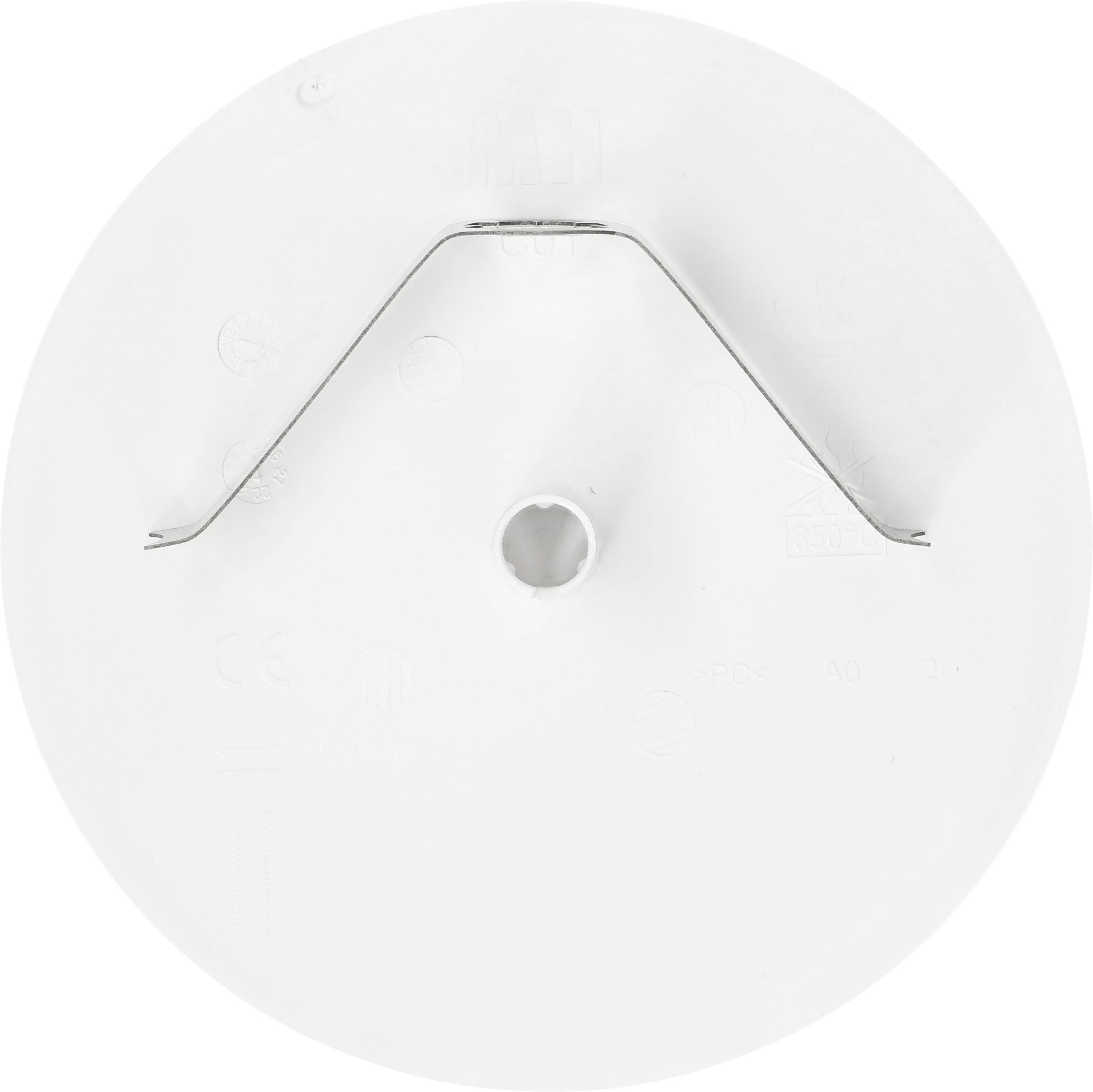 Support circulaire blanche avec un trou central et un support métallique en forme de V pour une fixation au plafond ou au mur.