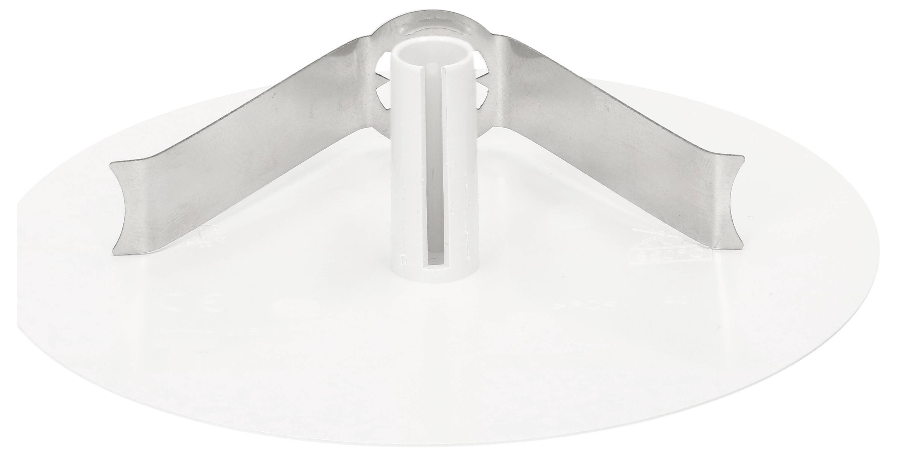 Cheville en plastique à large embase et deux chevilles métalliques pour la fixation de matériaux sur des murs ou des plafonds.