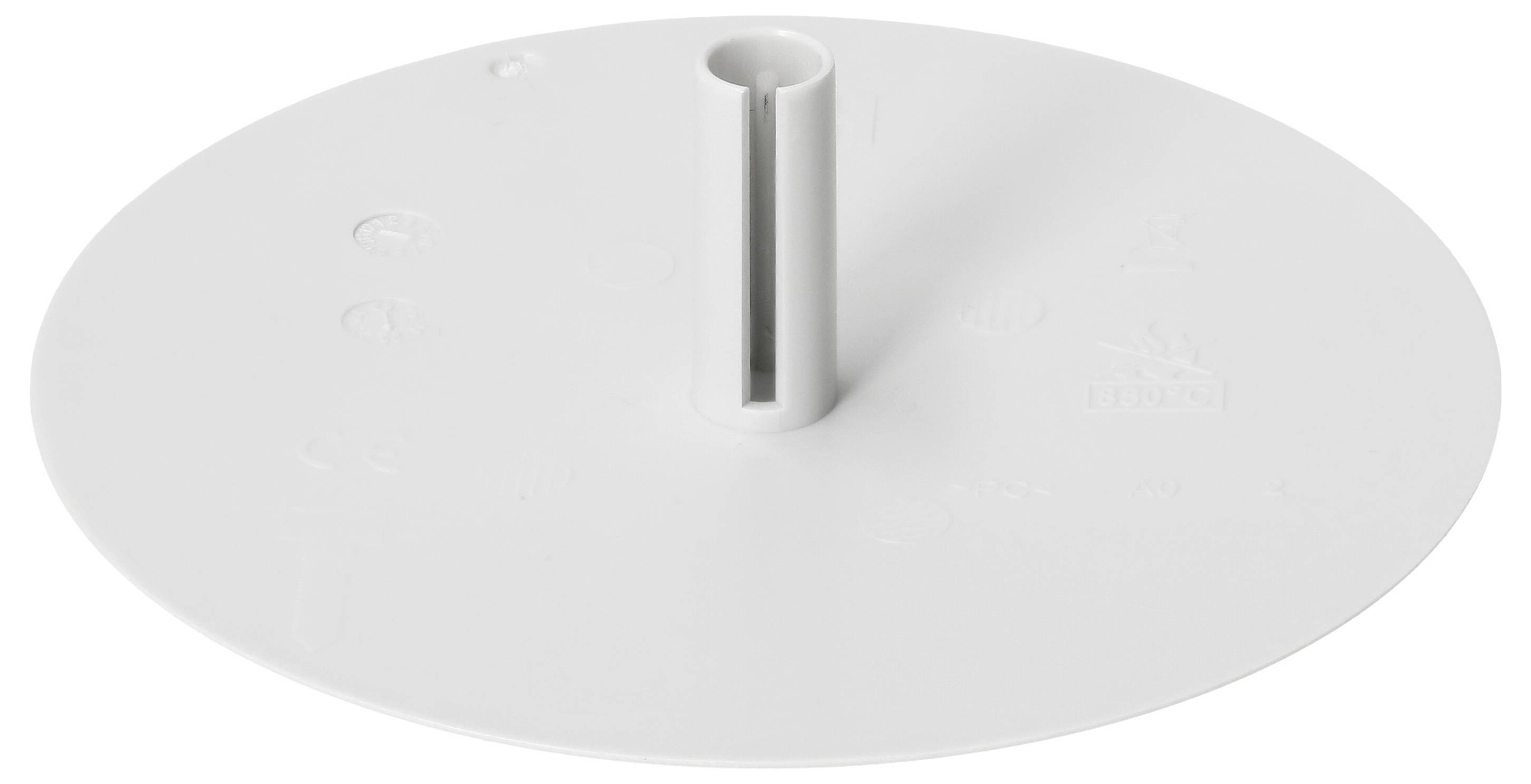 Disque blanc, rond en plastique avec une ouverture centrale et un bord légèrement surélevé, probablement un composant ou un accessoire technique.