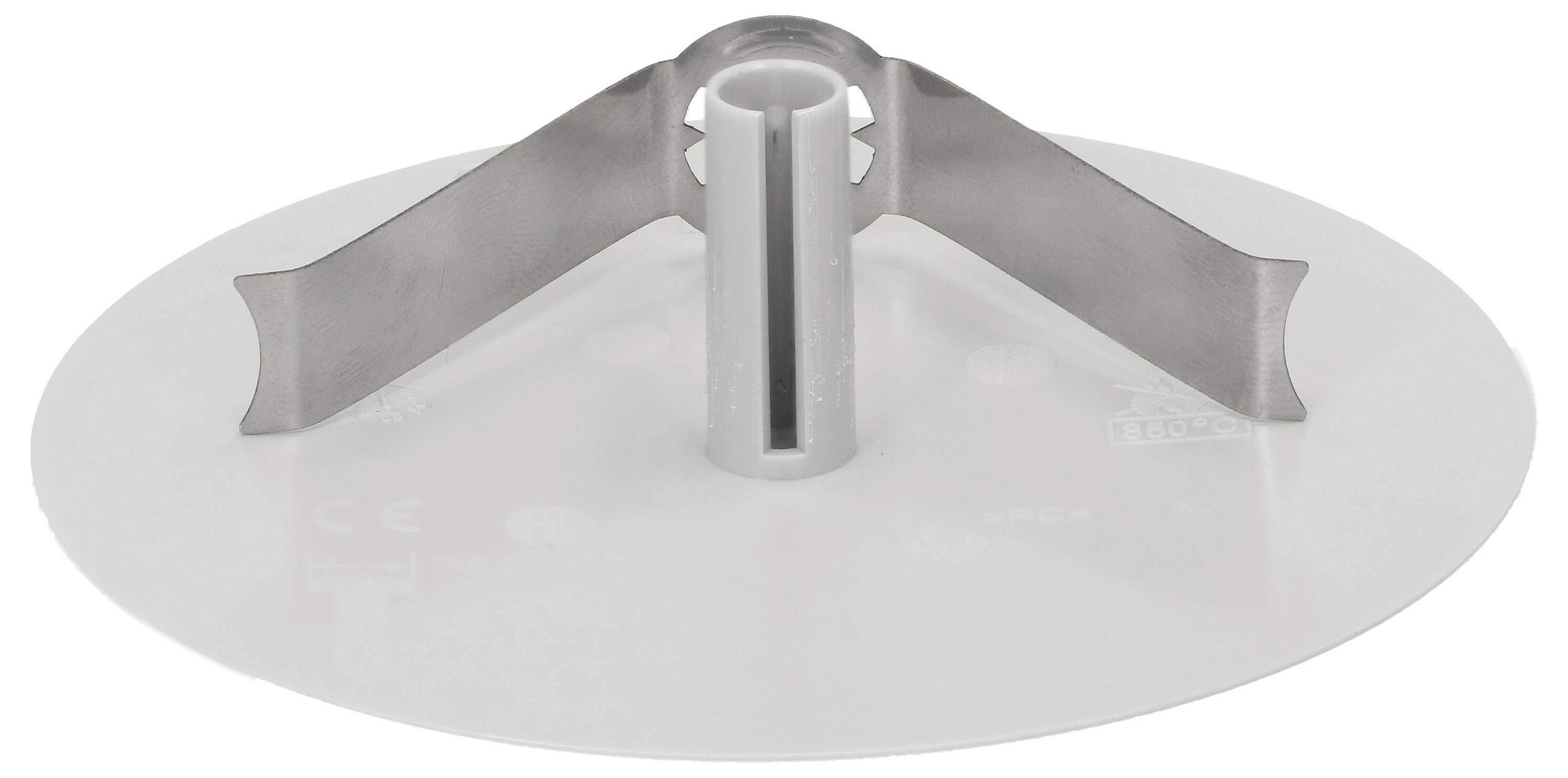 Disque blanc rond en plastique avec support métallique vertical central servant de fixation au sol.