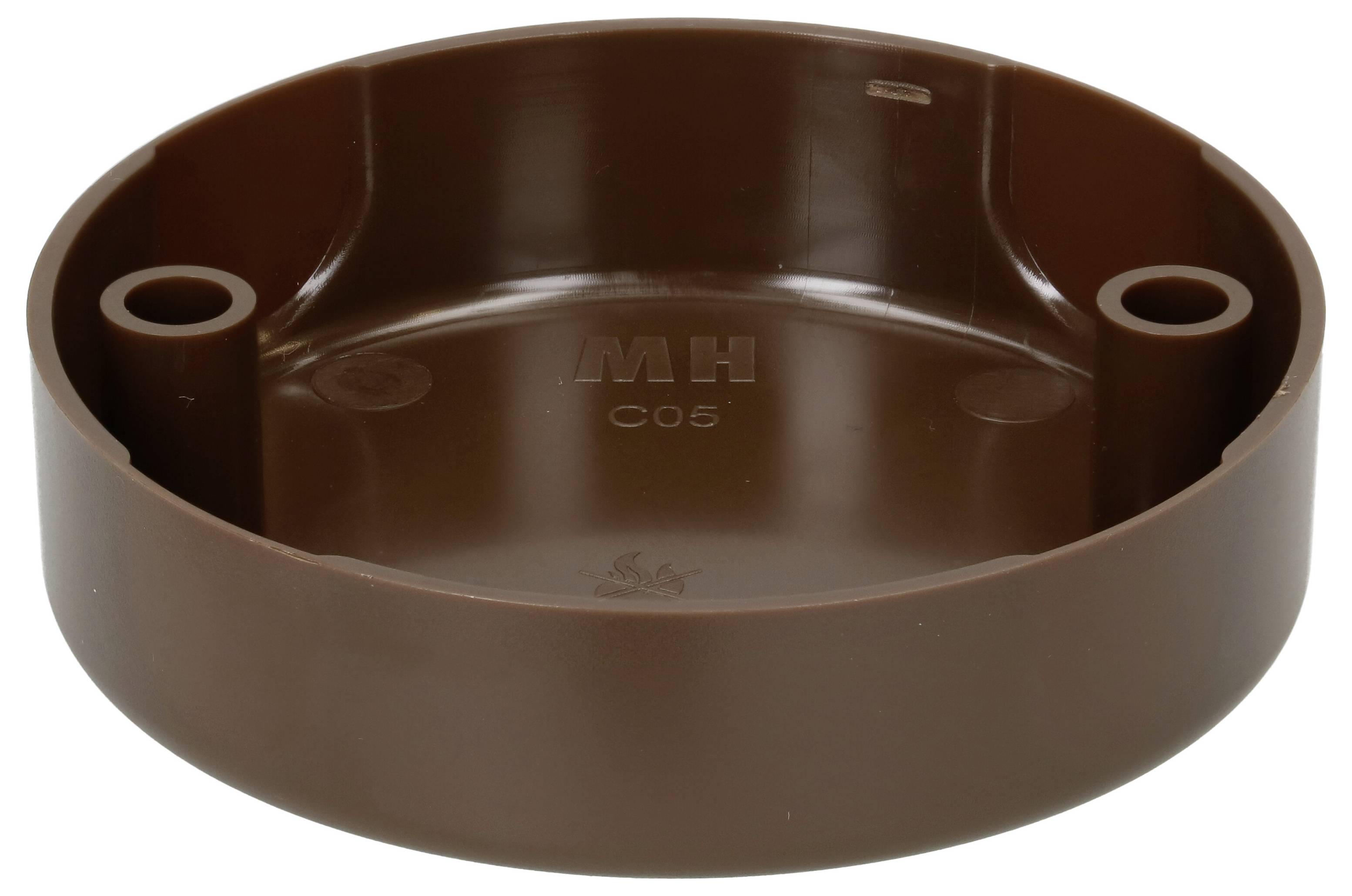 Couvercle en plastique brun rond avec deux œillets de fixation sur les bords. Surface lisse, sans marquage ni motif visible.