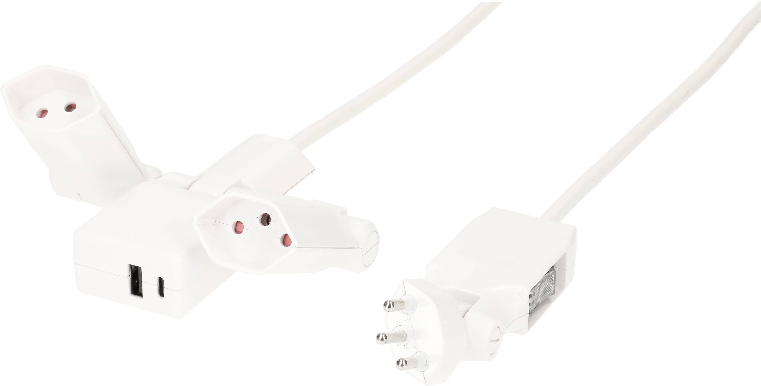 Une multiprise blanche avec deux prises supplémentaires et un port USB. À côté, une fiche branchée.
