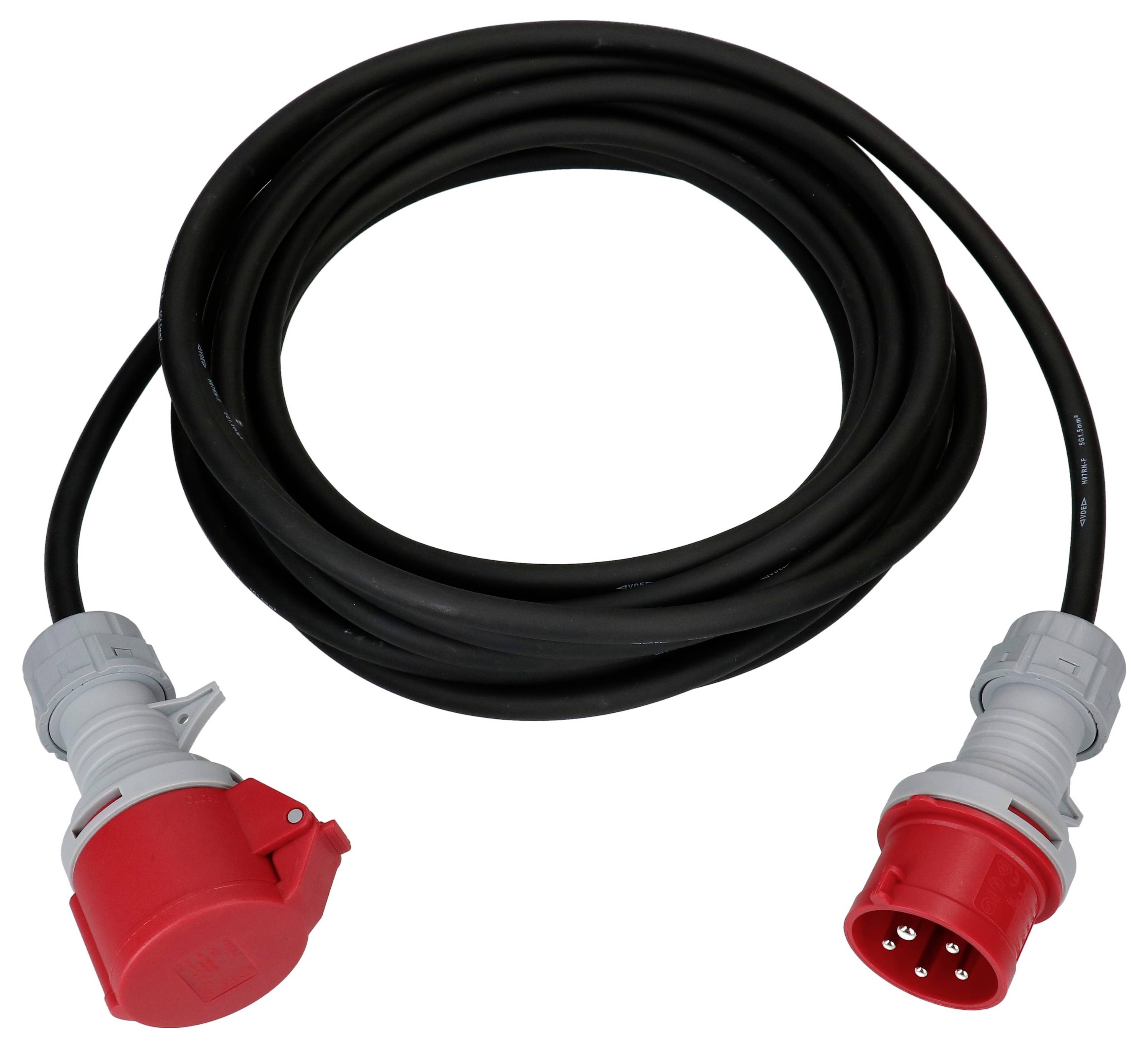 Un long câble électrique noir avec une fiche CEE rouge et une prise CEE rouge, souvent utilisé pour des applications industrielles.
