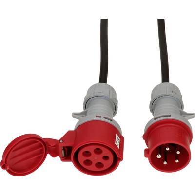 Une fiche CEE rouge et une prise CEE assortie, toutes deux avec un câble noir, pour des connexions électriques industrielles.