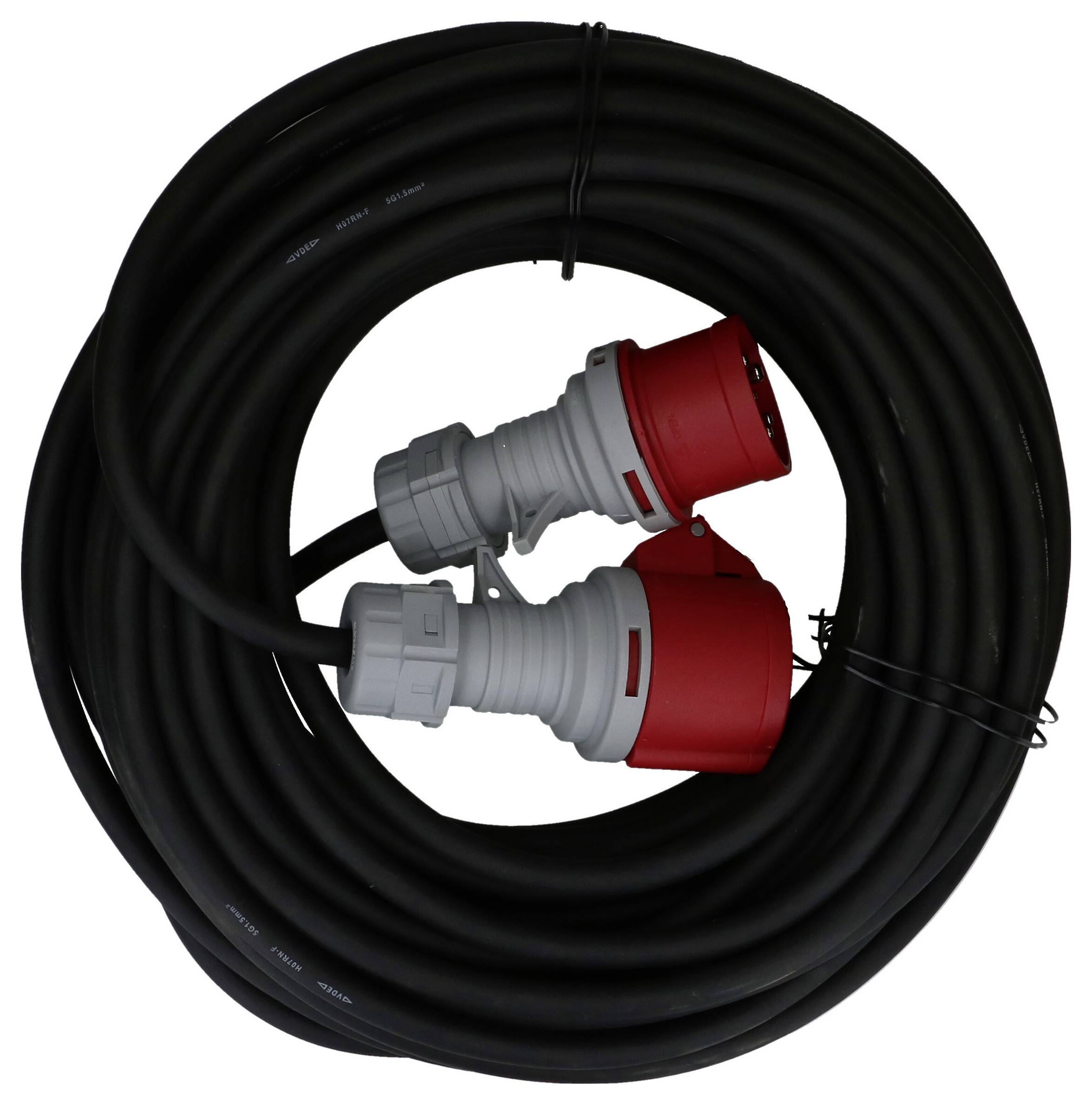 Rallonges industrielles avec fiches de connexion rouges et grises. Adaptées pour une utilisation dans des appareils à haute performance.