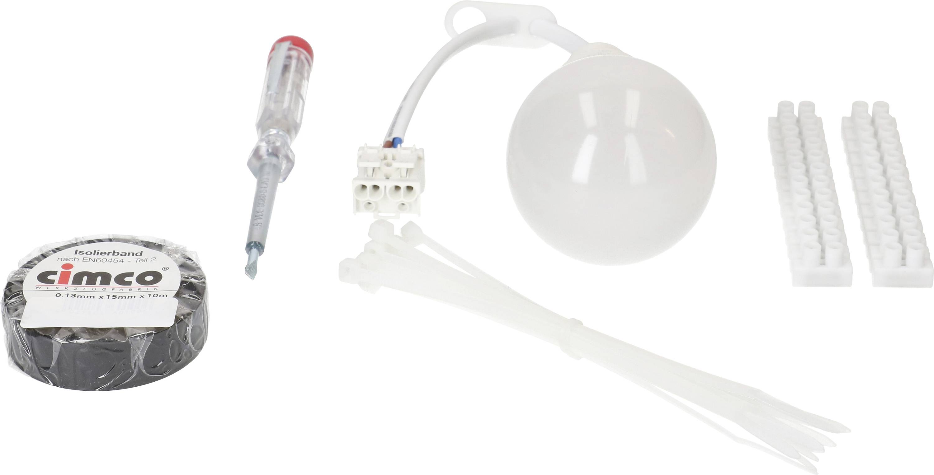 Un ensemble comprenant du ruban isolant, un testeur de phase, un cache rond, des colliers de câblage et une borne de raccordement, pour installation électrique.
