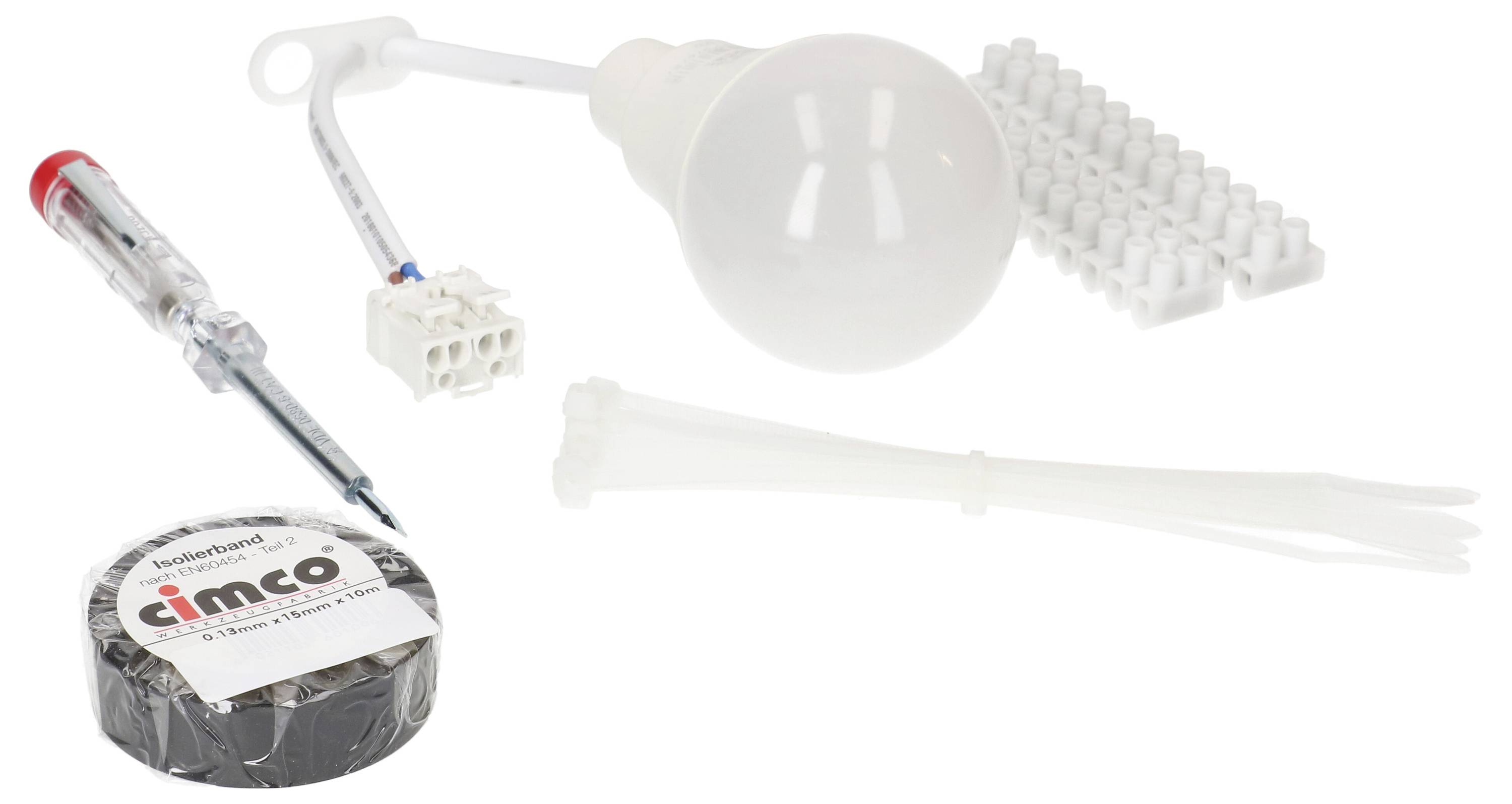 Kit de connexion d'ampoule comprenant un tournevis, une borne de raccordement, une ampoule à incandescence, des colliers de serrage et du ruban isolant.