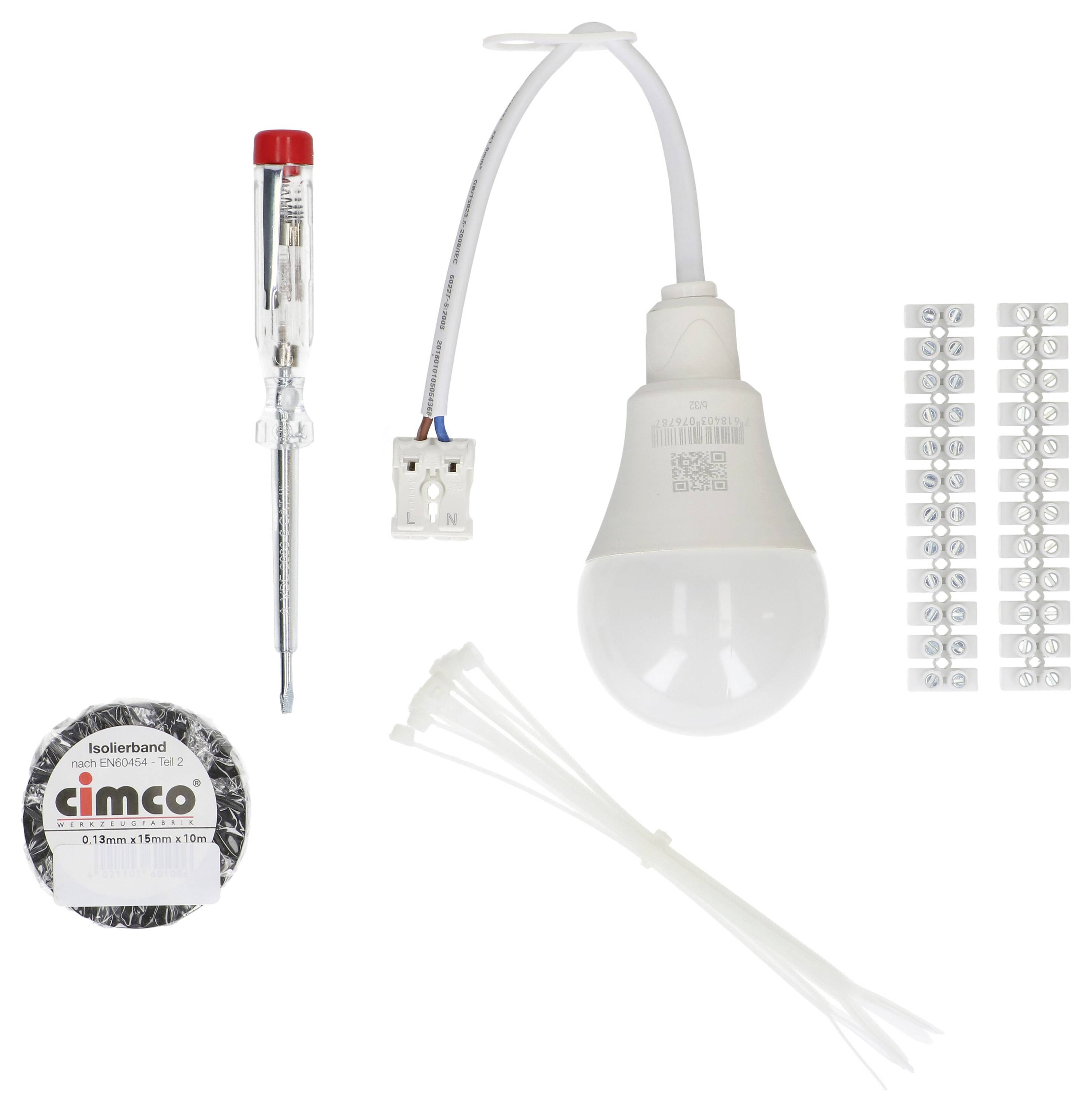 Un ensemble d'ampoules comprenant un tournevis, du ruban isolant, des attaches de câbles et des bornes de connexion, adapté aux installations électriques.