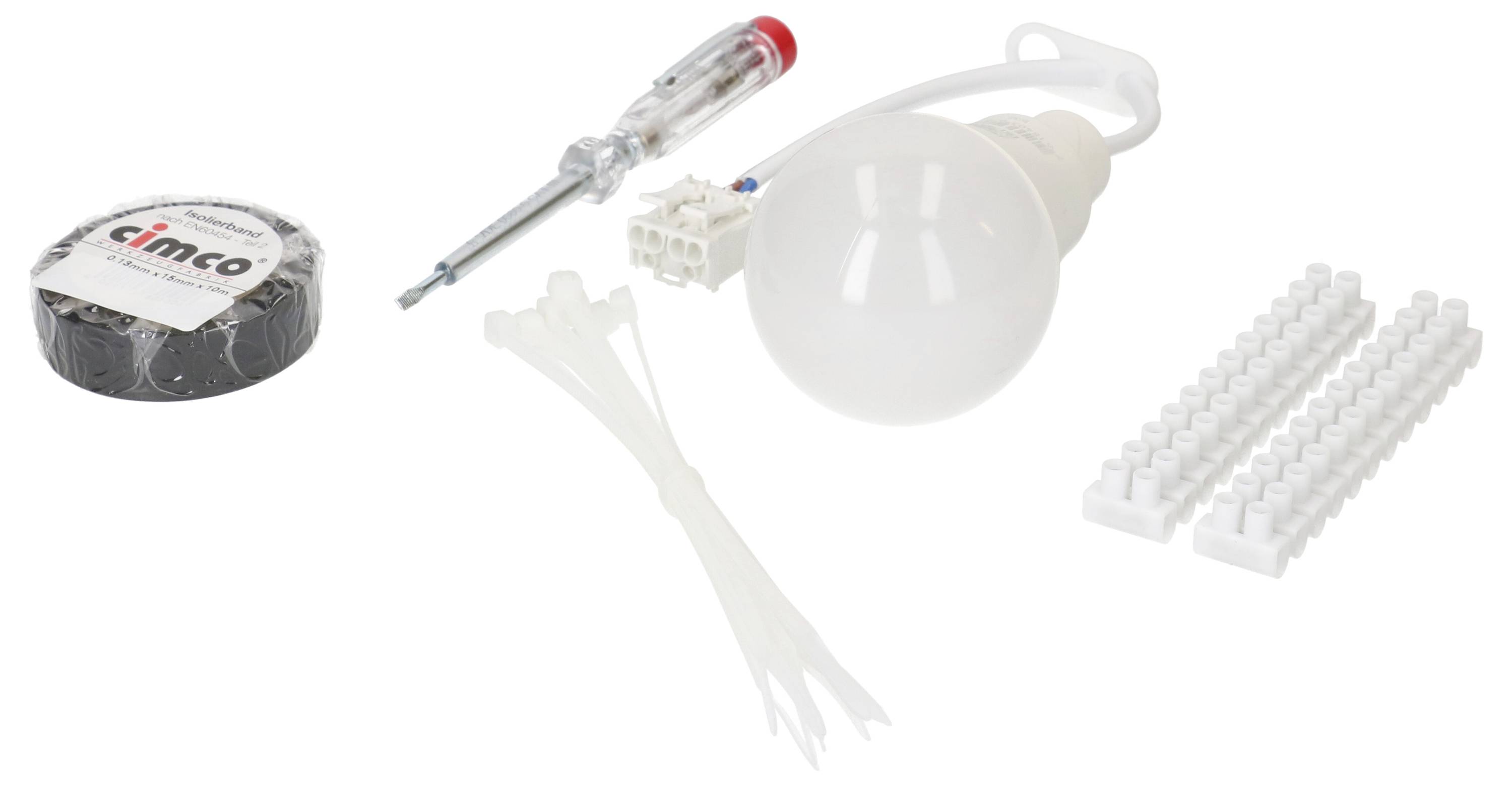 Kit d'électricien comprenant une ampoule, un tournevis, du ruban isolant, des colliers de câblage et des serre-câbles. Le tout sur un fond blanc.