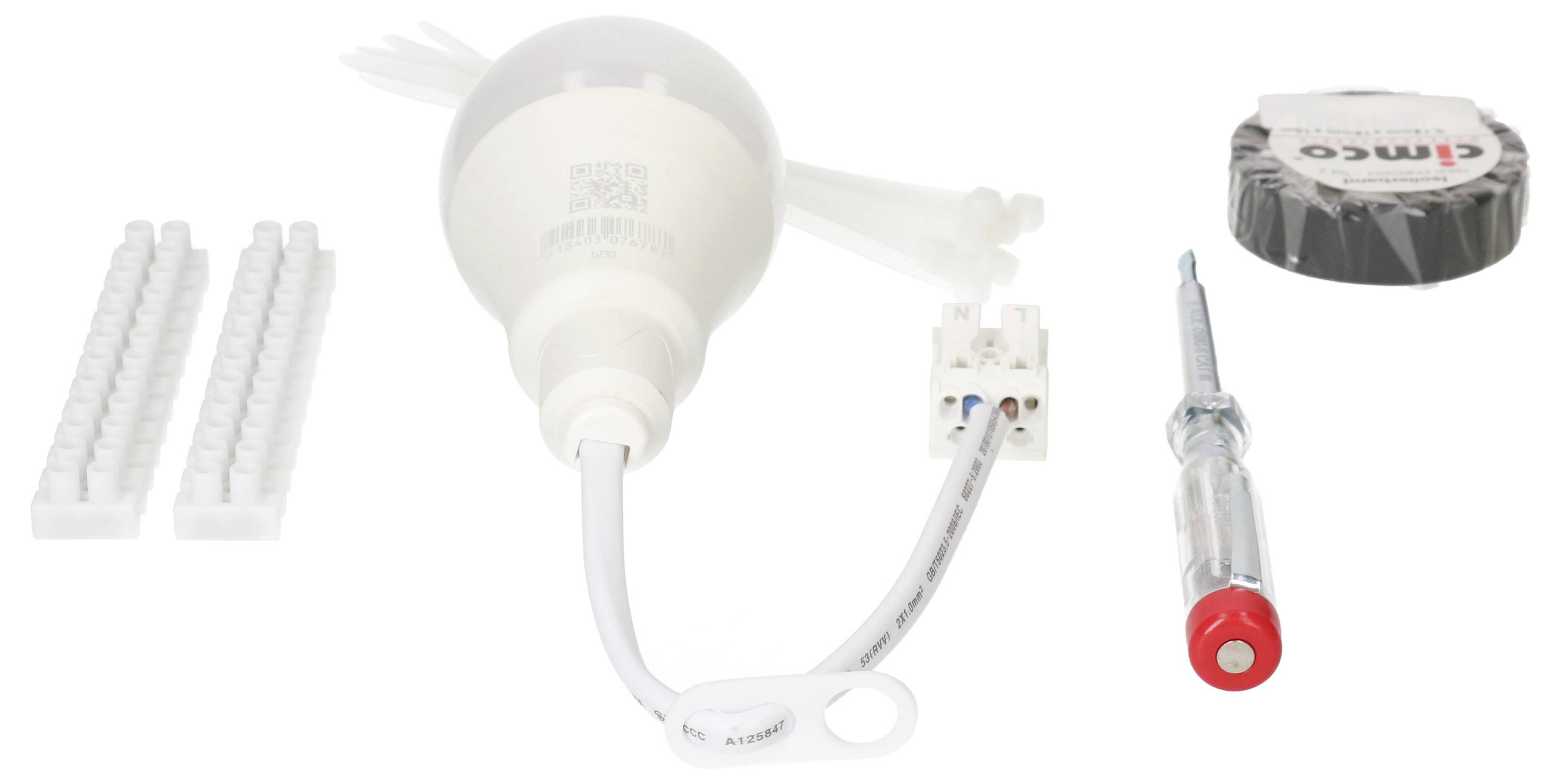 Un ensemble d'éclairage LED comprenant un luminaire blanc, un bloc de connexion, des attaches-câbles, un tournevis et du ruban adhésif.