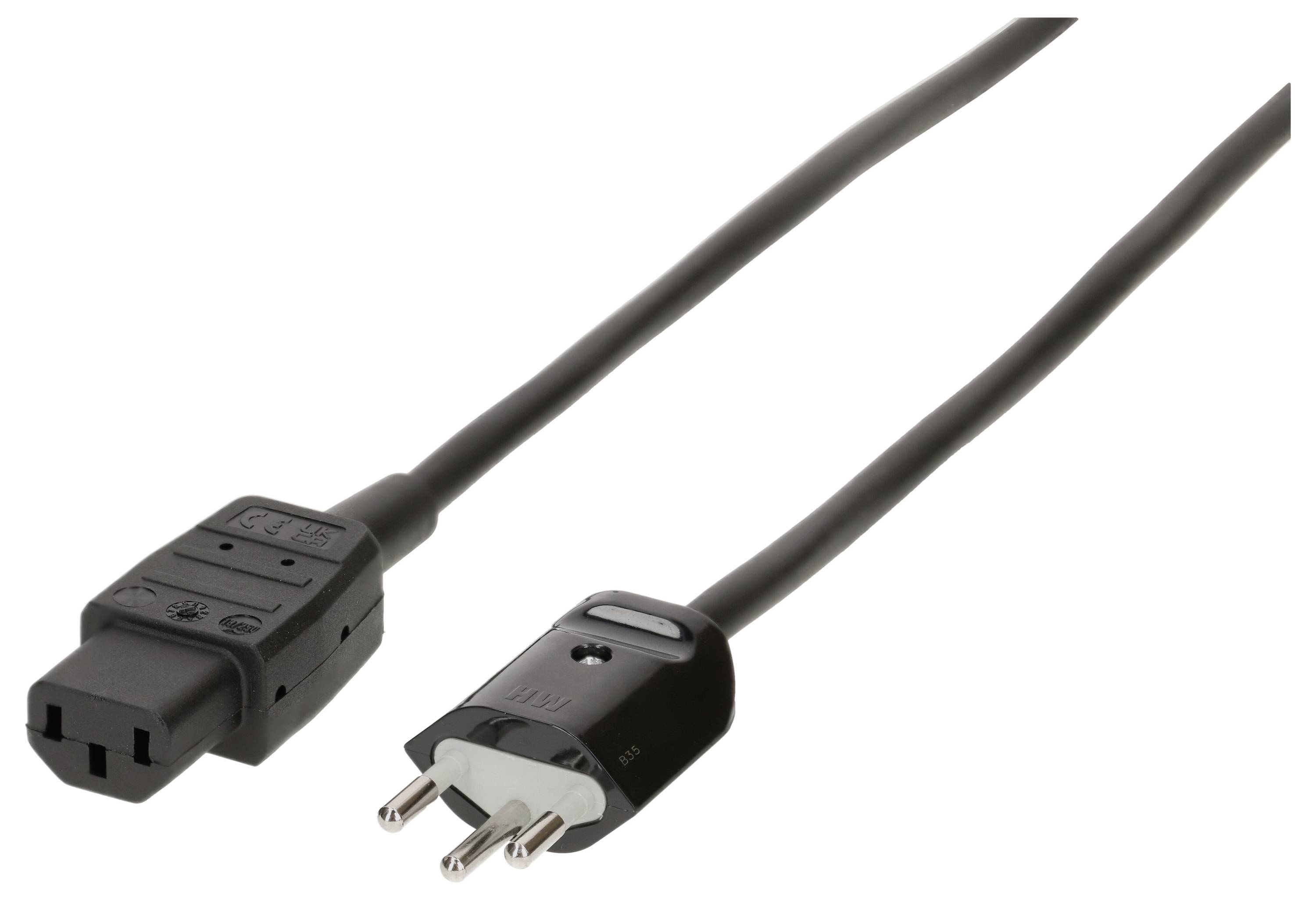 Câble d'alimentation noir avec fiche européenne et connecteur IEC, adapté pour raccorder des appareils aux sources d'alimentation.