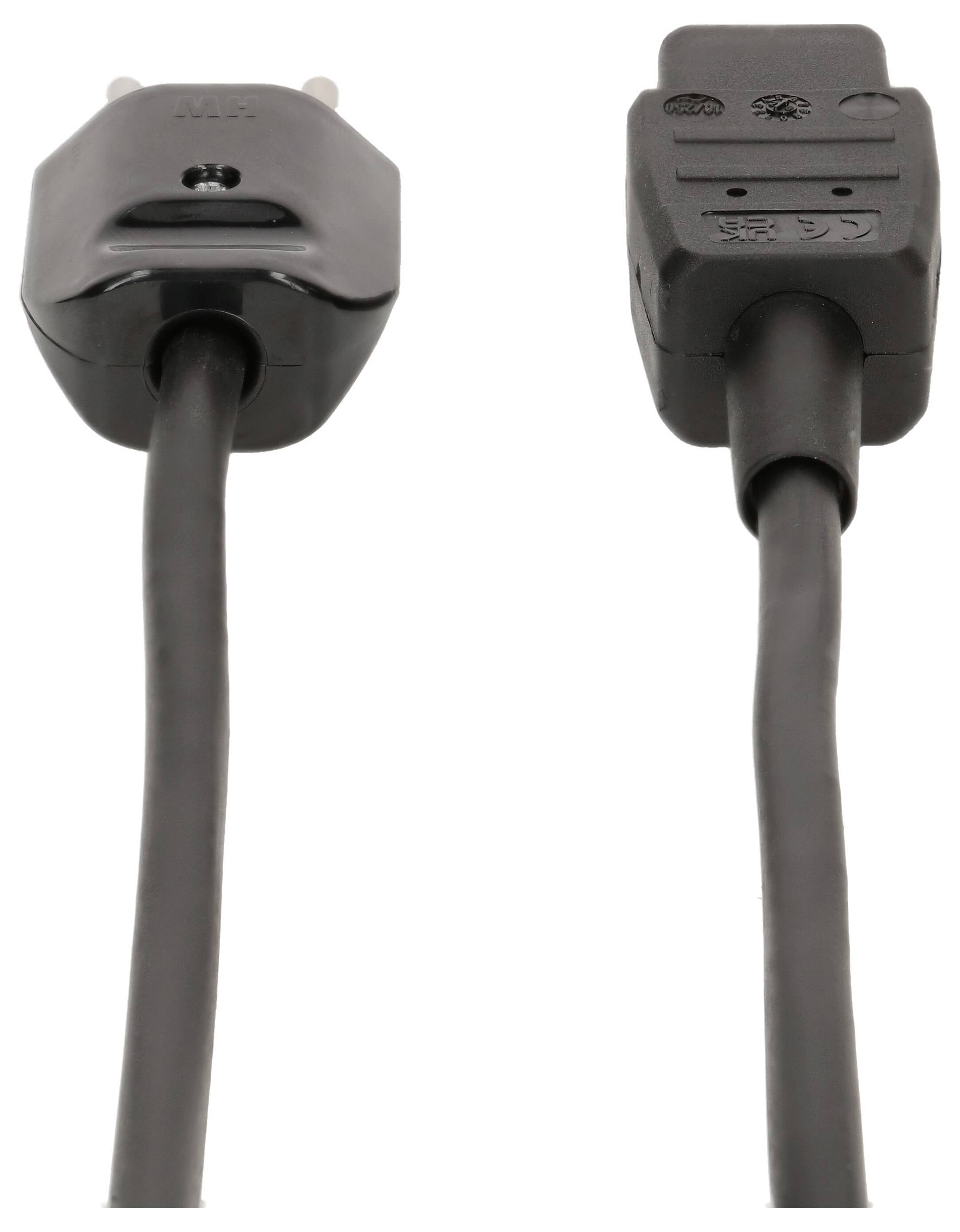 L'image montre deux types de fiches électriques : une fiche standard à deux broches à gauche et une fiche carrée à trois ports à droite.