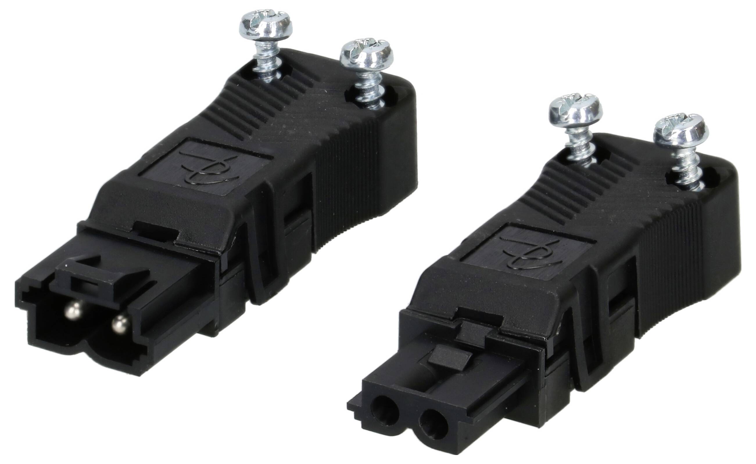 Deux connecteurs électriques noirs avec des vis de fixation, à gauche une prise femelle à deux trous, à droite une prise mâle à deux broches.