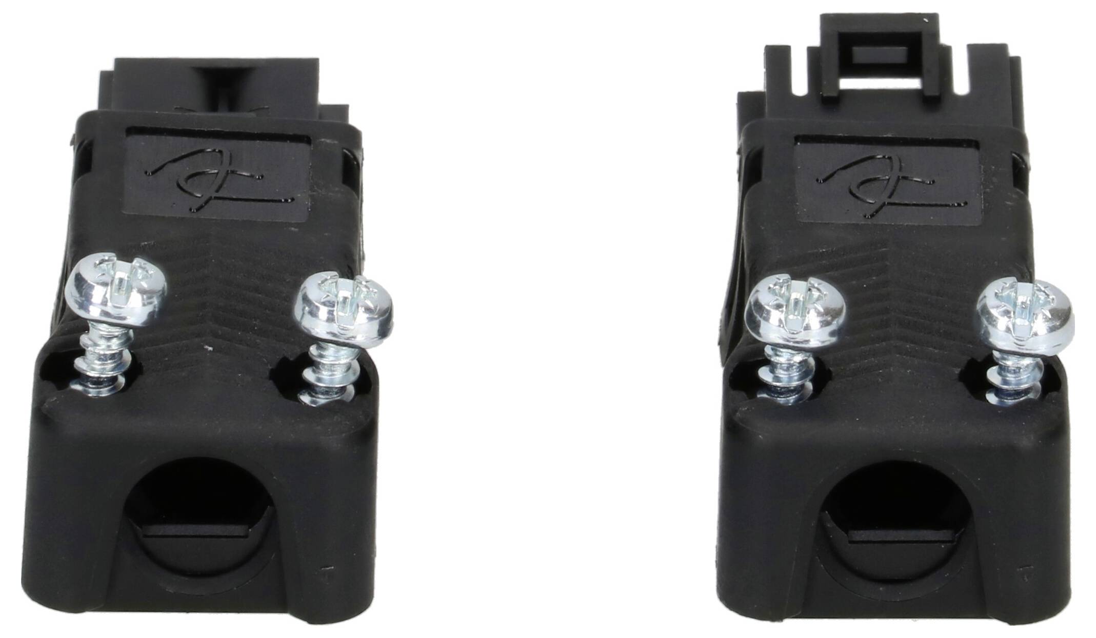 Deux bornes de connexion électriques noires, chacune munie de deux vis en argent, sur un fond blanc.