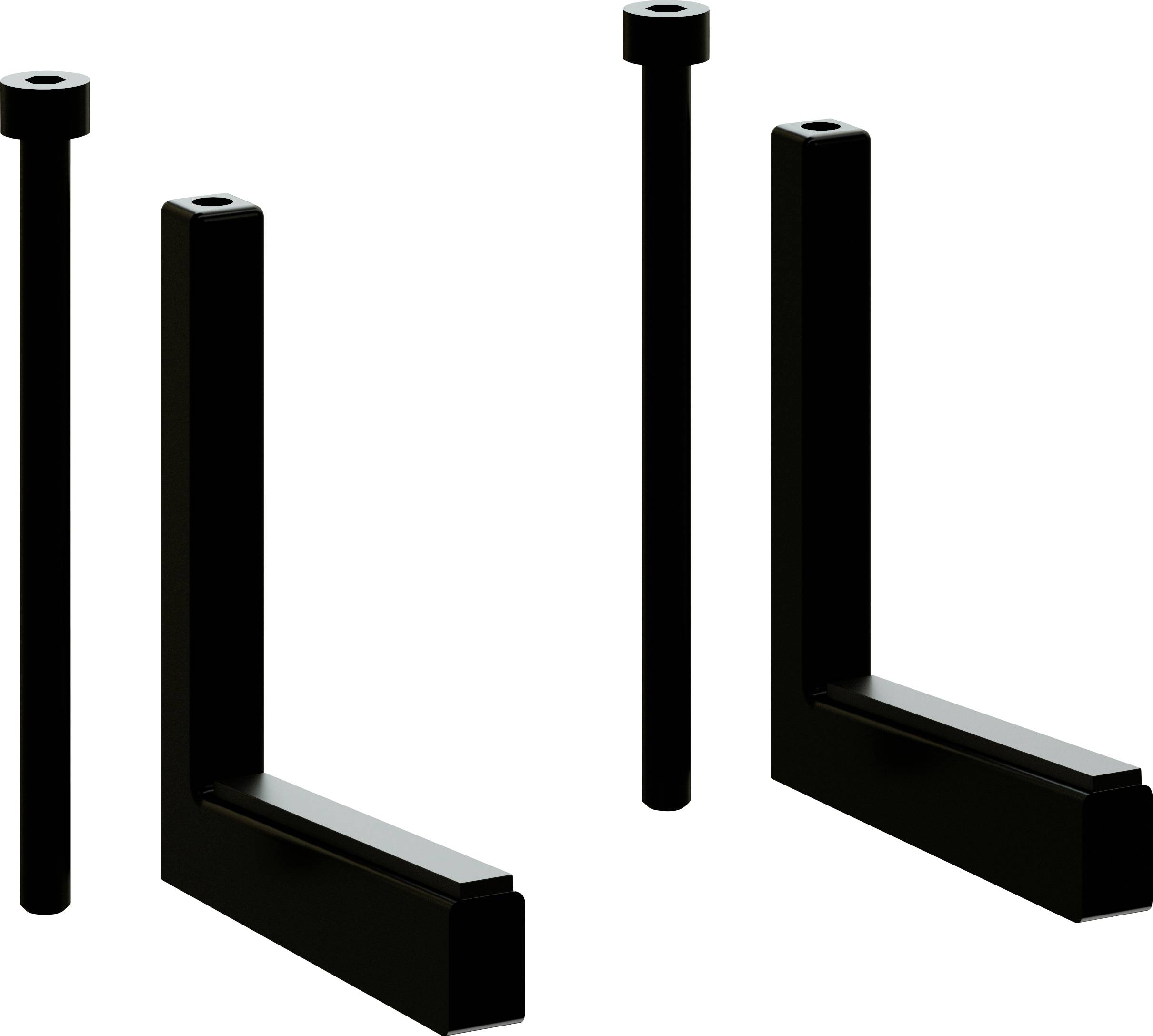 Deux pièces métalliques noires en forme de L, accompagnées de deux vis correspondantes, probablement destinées au montage ou à la fixation.