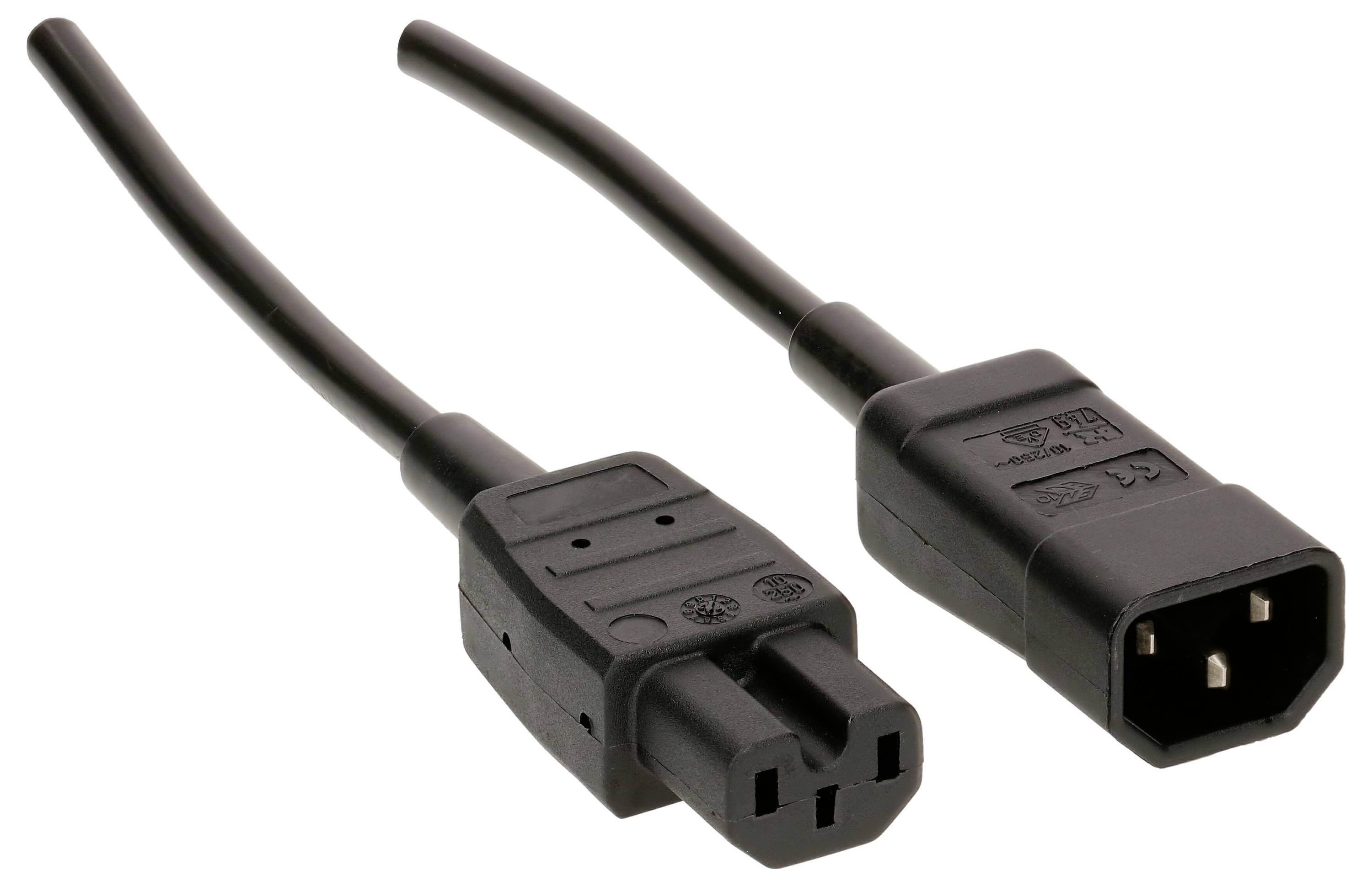 Deux fiches de câble réseau noir, à gauche avec une prise pour connexion d'appareil, à droite une fiche mâle C14 pour source d'alimentation.