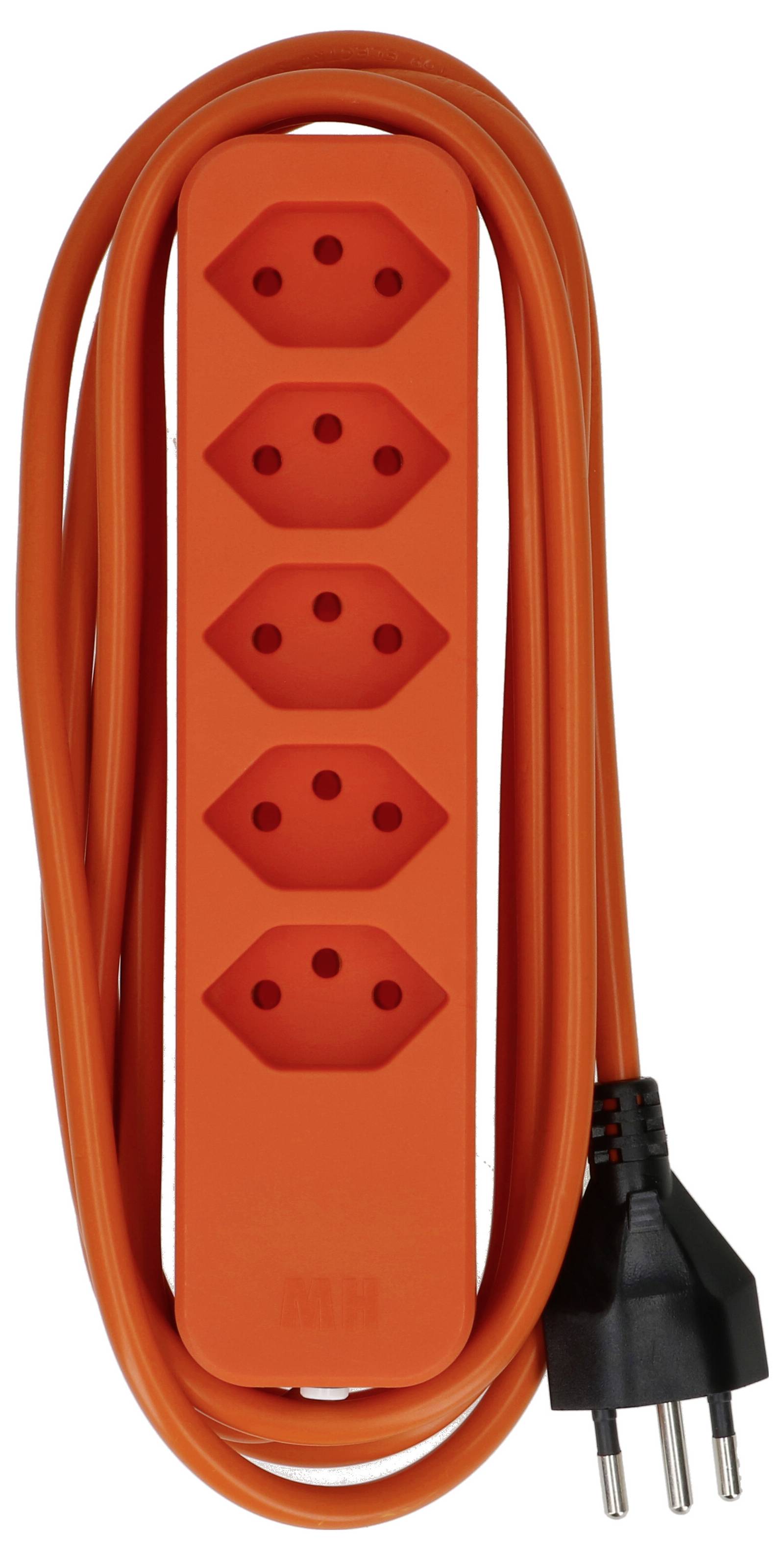 Multiprise orange à cinq emplacements avec fiche noire, adaptée pour connecter plusieurs appareils.
