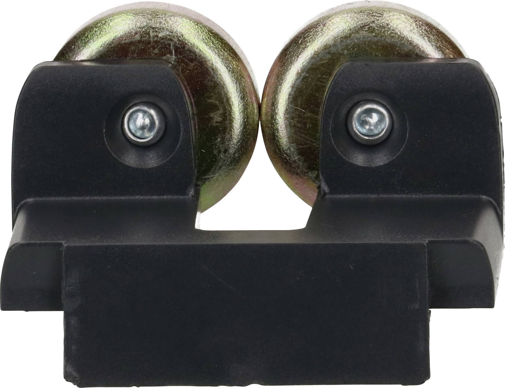 Deux rouleaux à roulements à billes dans un support noir. Les rouleaux sont métalliques et brillants.