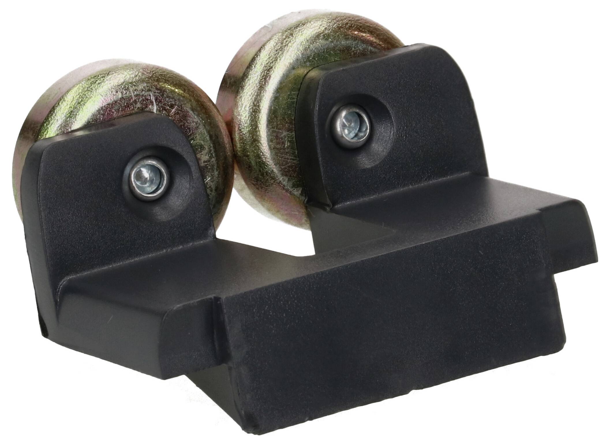 Deux rouleaux métalliques sur un support en plastique noir, probablement un support de roulettes pour porte coulissante, vue en perspective de dessus.