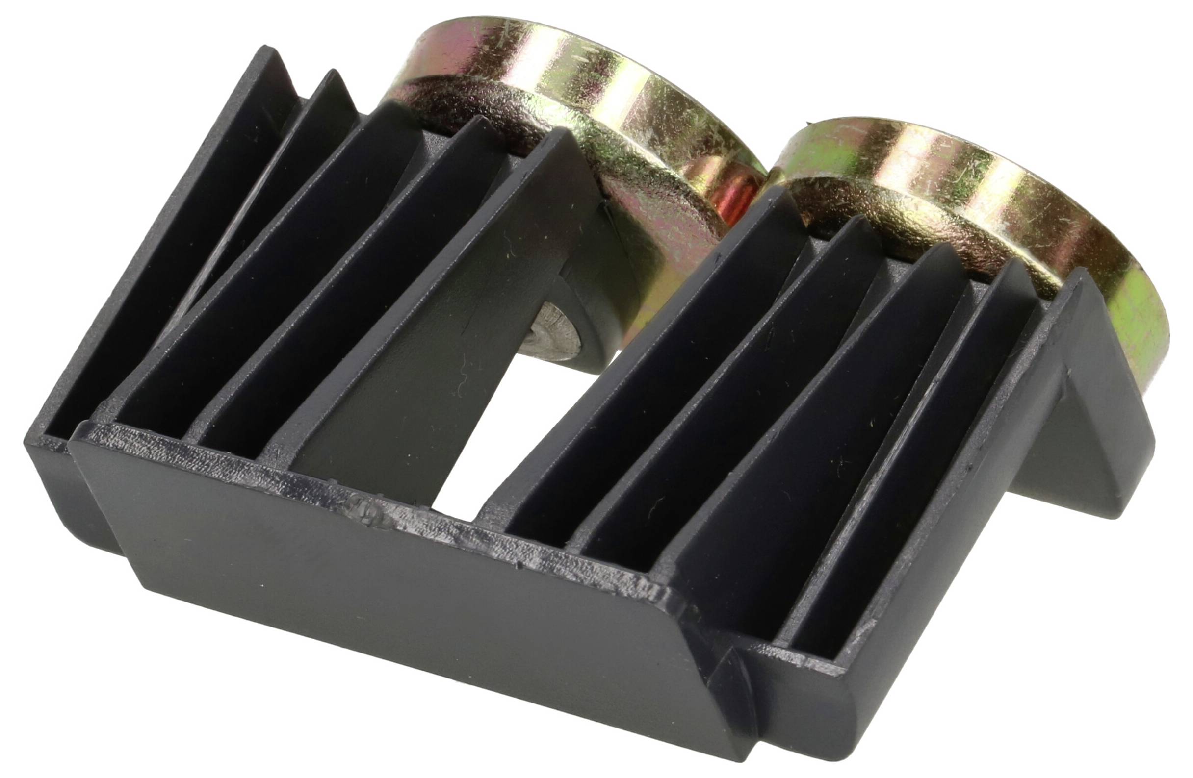 Module de refroidissement compact avec deux éléments de fixation métalliques circulaires, noir avec des ailettes pour la dissipation thermique.
