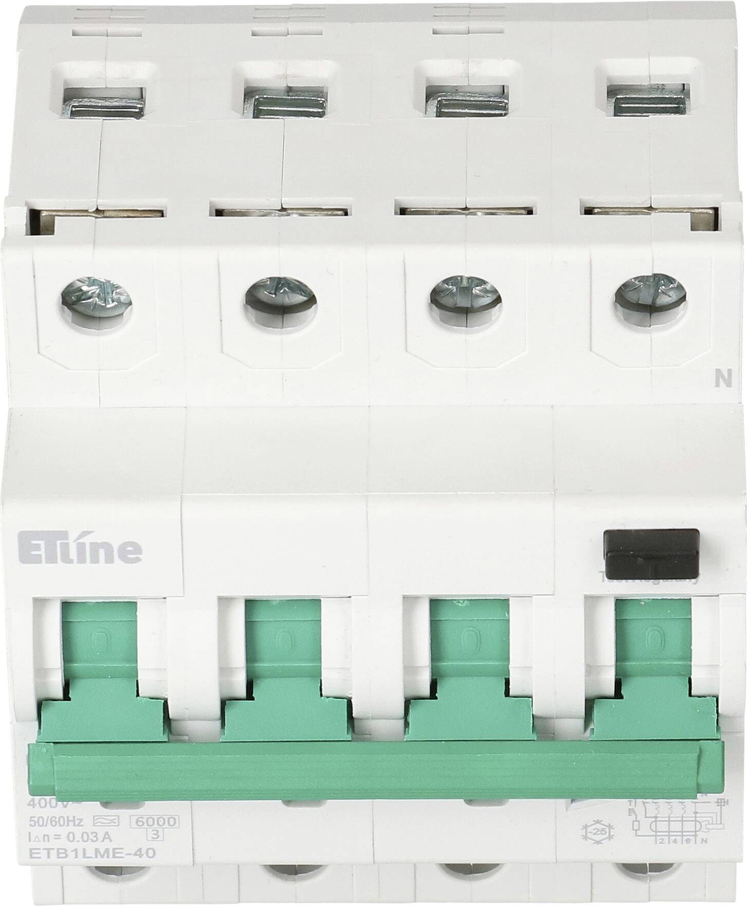 Un disjoncteur électrique avec trois interrupteurs verts et un boîtier blanc. Six bornes à vis sont visibles en haut de l'appareil.