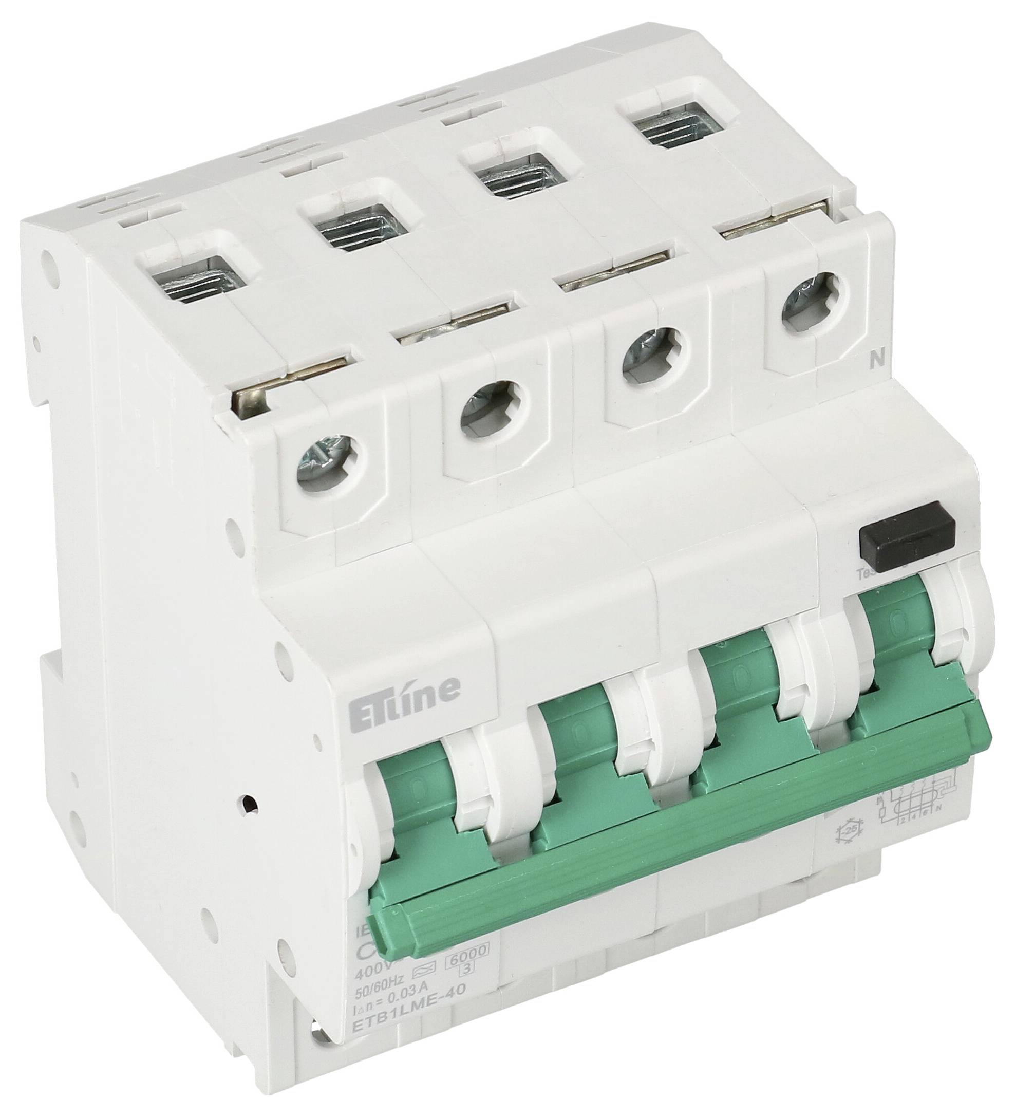 Un disjoncteur de protection blanc à quatre pôles avec des leviers de commande verts, utilisé pour interrompre le flux électrique en cas de surcharge.