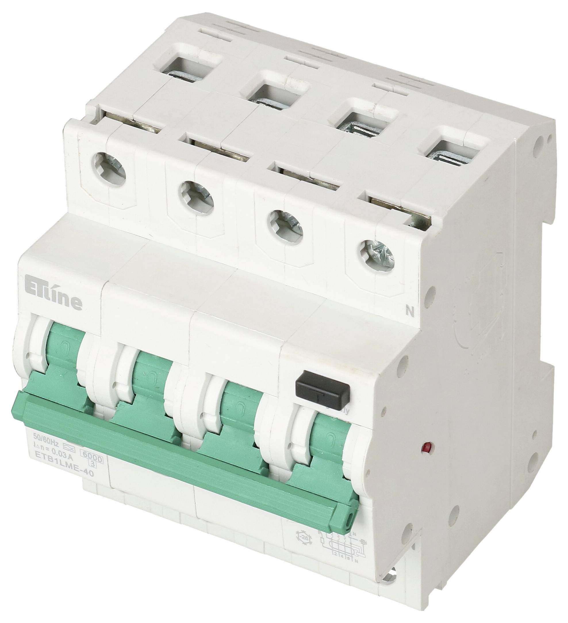 Un disjoncteur blanc à quatre pôles avec des interrupteurs verts et des bornes de connexion, adapté aux dispositifs de protection électrique.