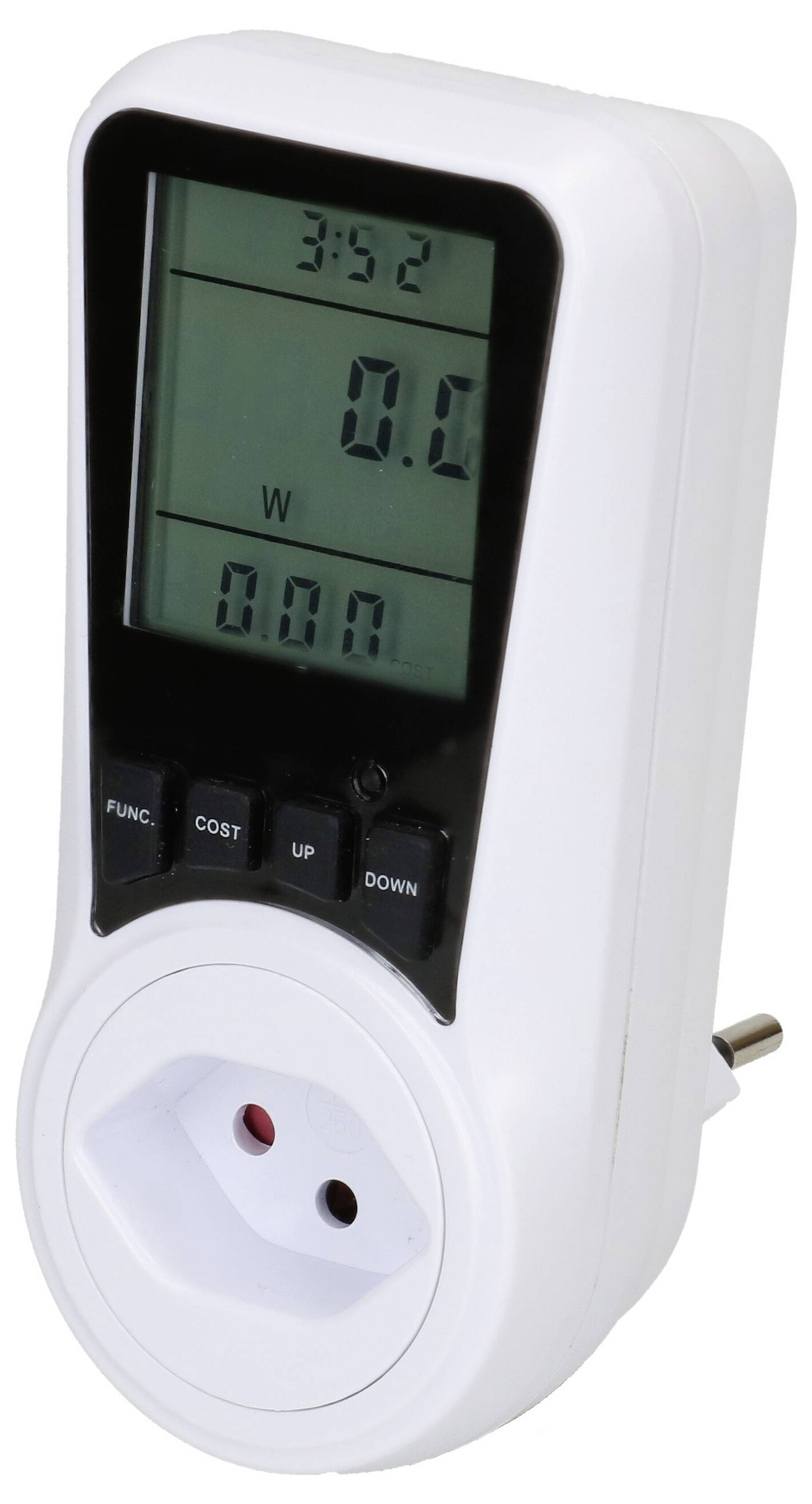 Un appareil de mesure des coûts énergétiques blanc avec un affichage numérique montre l'heure, la consommation d'énergie en watts et le coût total.