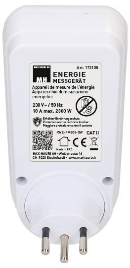 Appareil de mesure d'énergie avec prise Schuko, 230V/50Hz, 10A max. 2300W. Le devant indique les informations du fabricant et les données techniques.