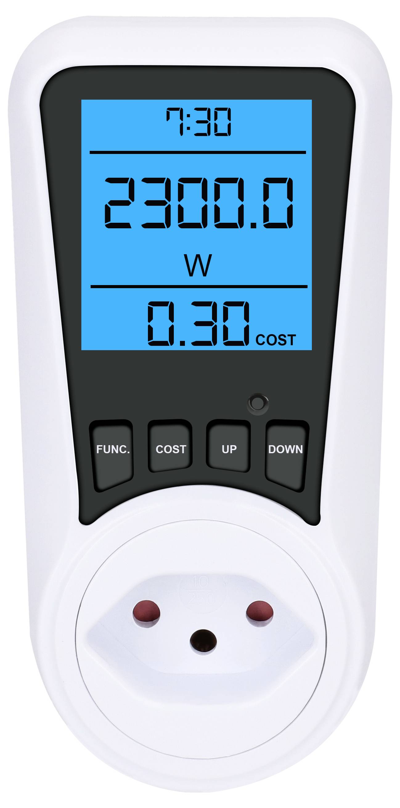 Un appareil de mesure électrique affiche '7:30', '2300,0 W' et '0,30 COÛT' sur un écran numérique, avec des touches situées en dessous.