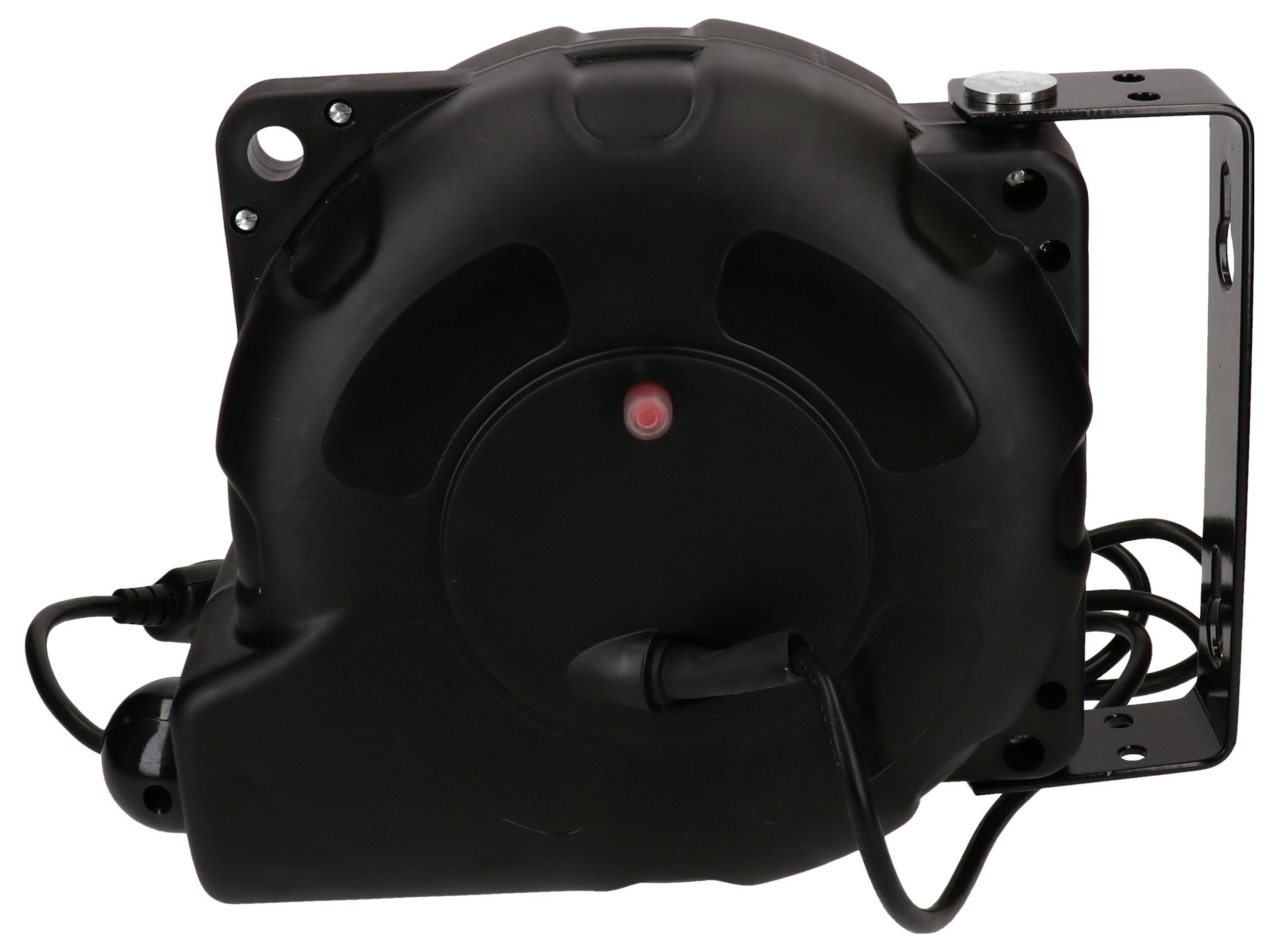 Boîte de rangement pour câble noir avec support mural et voyant rouge. Idéal pour le rangement pratique des rallonges électriques.