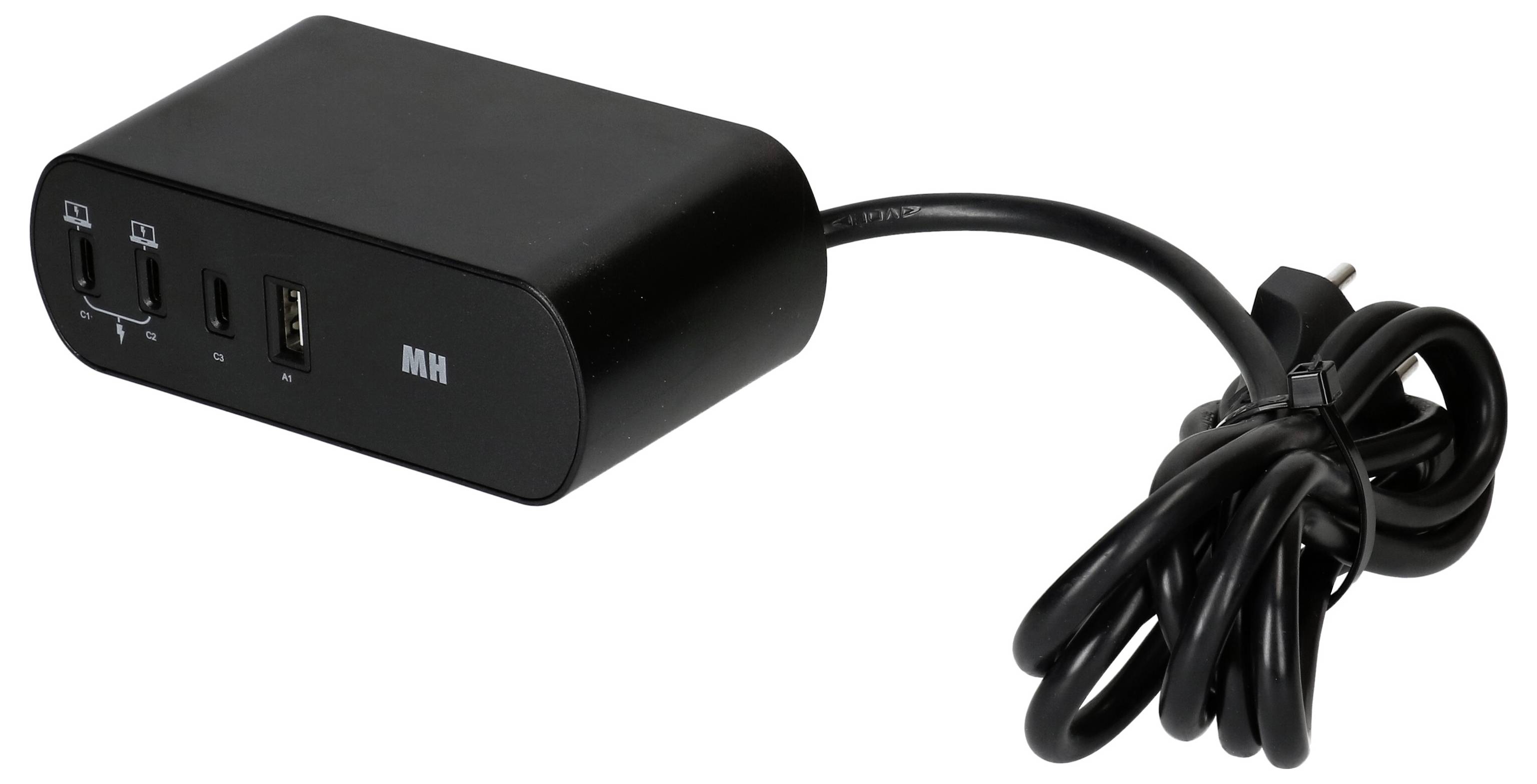 Un bloc d'alimentation noir avec un câble, deux ports USB-C, un port USB-A et l'inscription 'MH'.