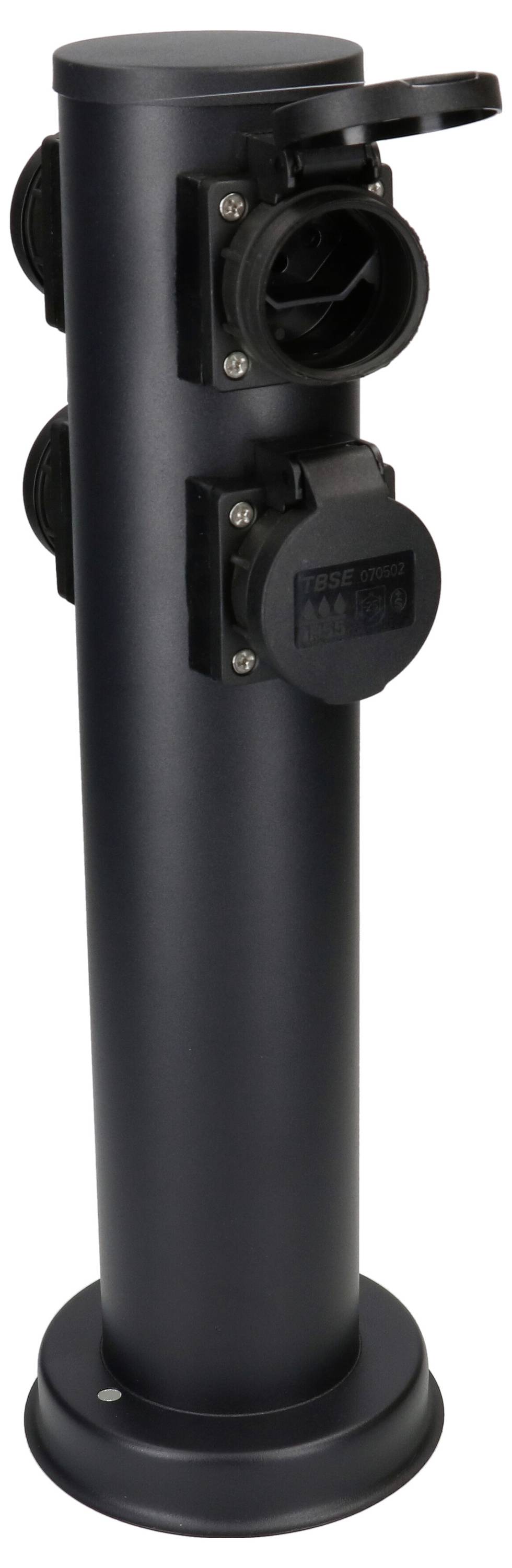 Une colonne noire cylindrique avec plusieurs prises électriques et un couvercle ouvert.