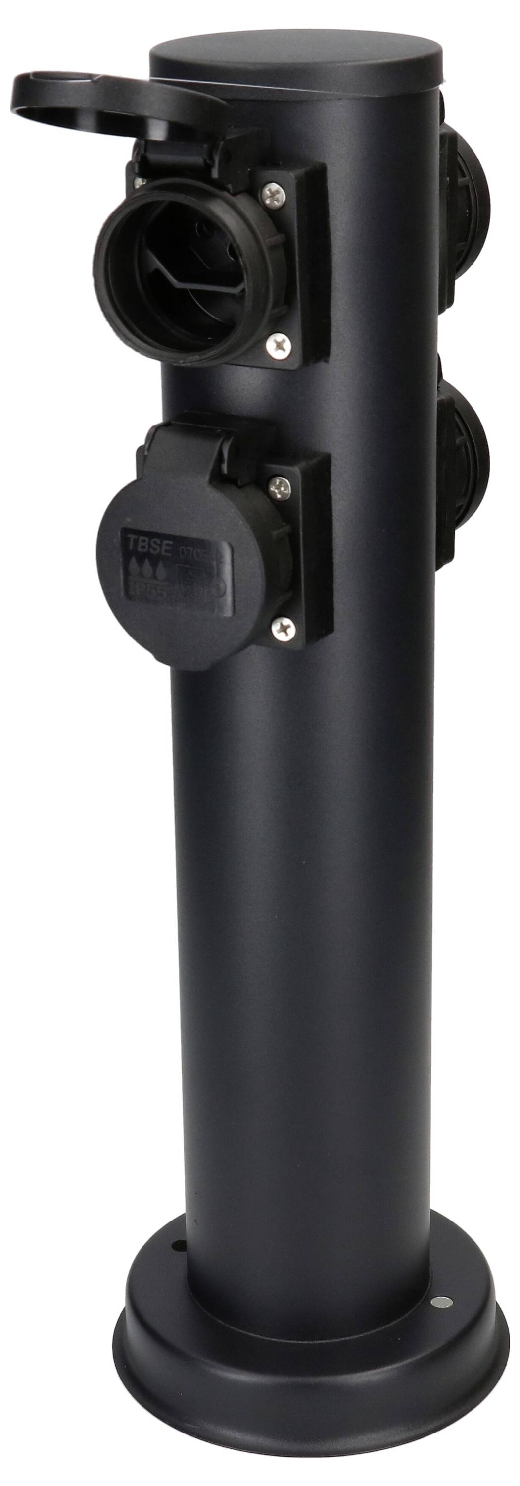 Station de charge verticale noire avec plusieurs prises, adaptée aux espaces extérieurs ou aux lieux publics.