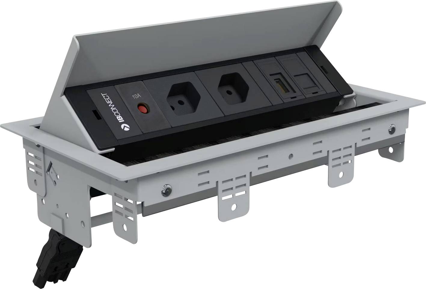 Boîtier de connexion de table avec couvercle rabattable ouvert montrant deux prises électriques, un port USB et un interrupteur. Idéal pour les applications de bureau.