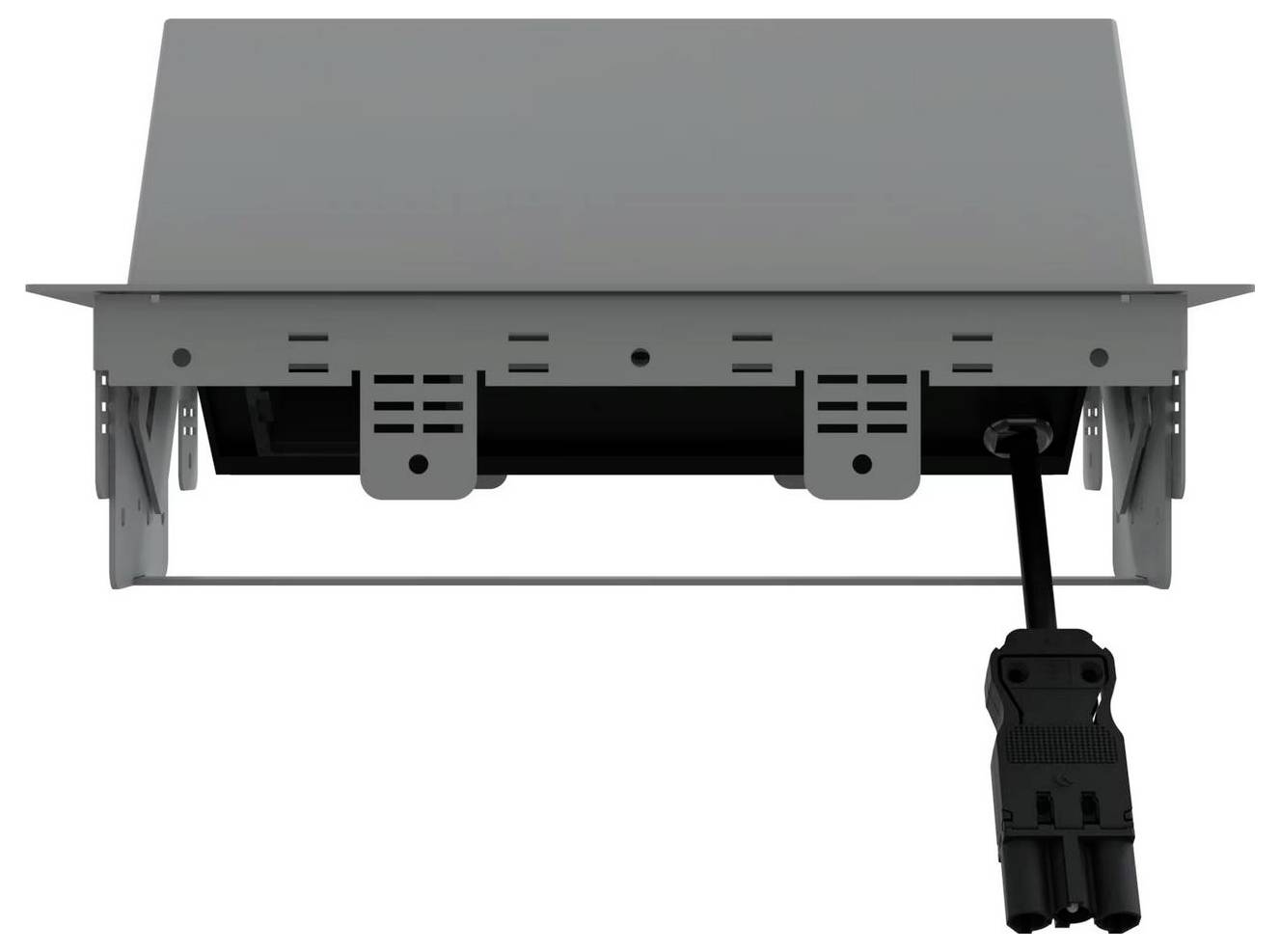 Un appareil électrique noir et rectangulaire avec un câble sortant par le bas. Le dessus est équipé d'un boîtier gris et de supports.