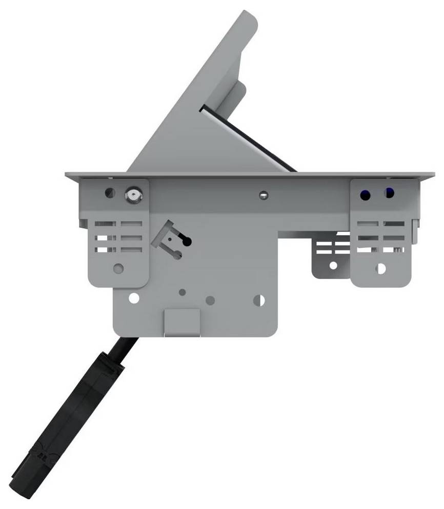 Support métallique pivotant avec levier en bas à droite. Utilisation peu claire. Interfaces et trous de fixation visibles.